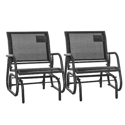 Front. Outsunny - Porch Glider Set of 2, Metal Frame Swing Glider Chair with Breathable Mesh Fabric, Curved Armrests and Steel Frame - Black.