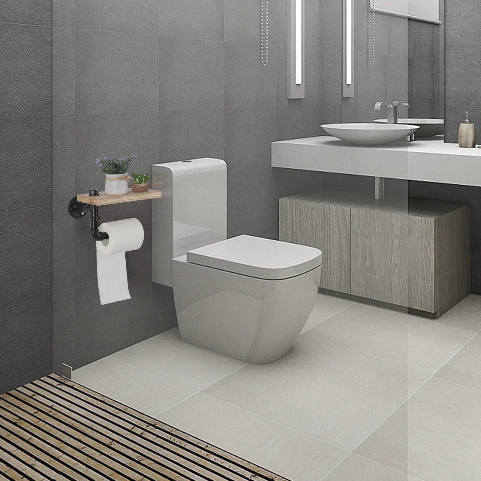 Alt View 2. Oumilen - Industrial Pipe Single Paper Towel Holder with Natural Wood Shelf – Wall Mounted for Kitchen Bathroom.