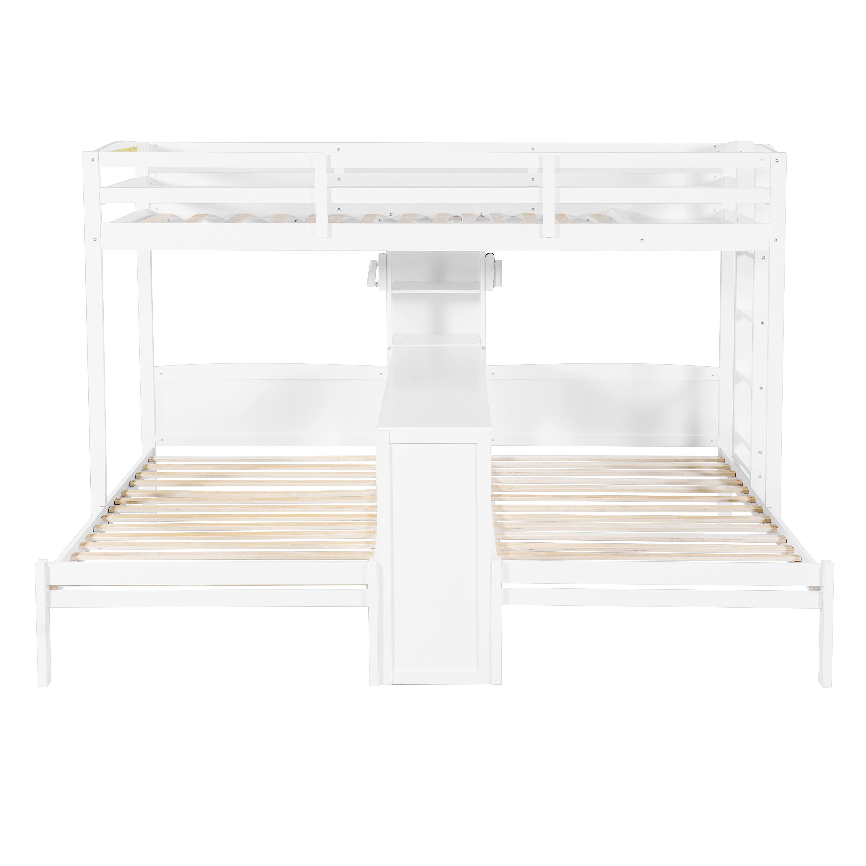 Back. Whisen - Twin over Twin over Twin Bunk Bed with Built-in Desk, Storage Shelves and LED Reading Lamp - White.