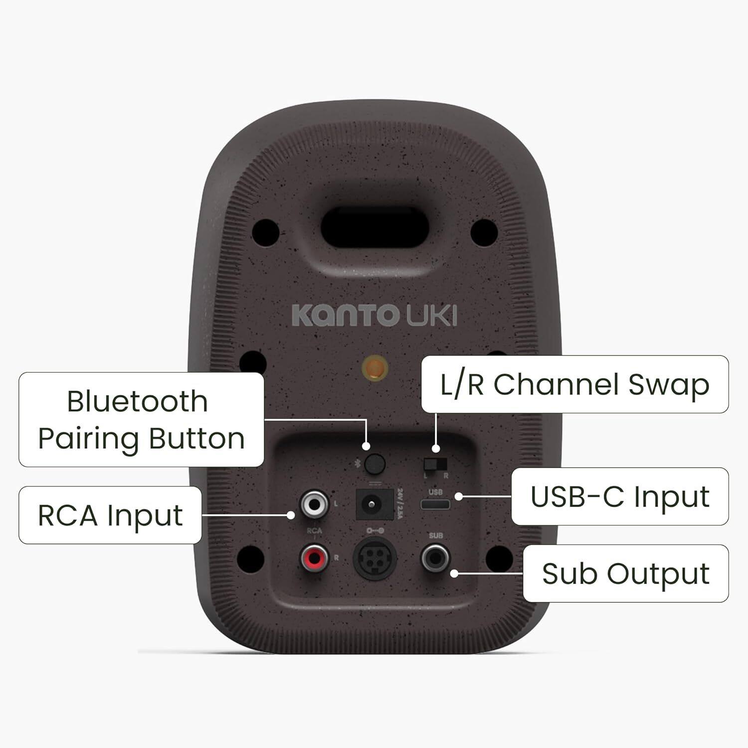 Kanto UKI Bluetooth Pairing Button RCA Input RCA L/R 24V I 2.8A L/R Channel Swap USB-C Input Sub Output
