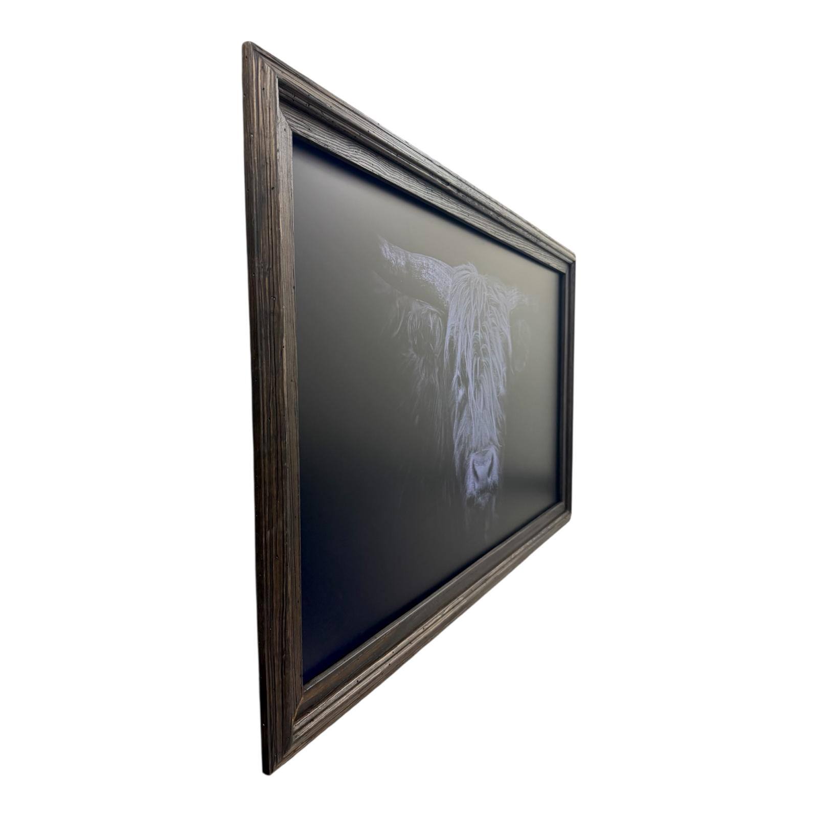 Angle. LAREDO FRAME FACTORY - 43 inch Handmade Tv frame for Samsung The Frame tv and Frame Pro Model - RUSTIC DARK WOOD.