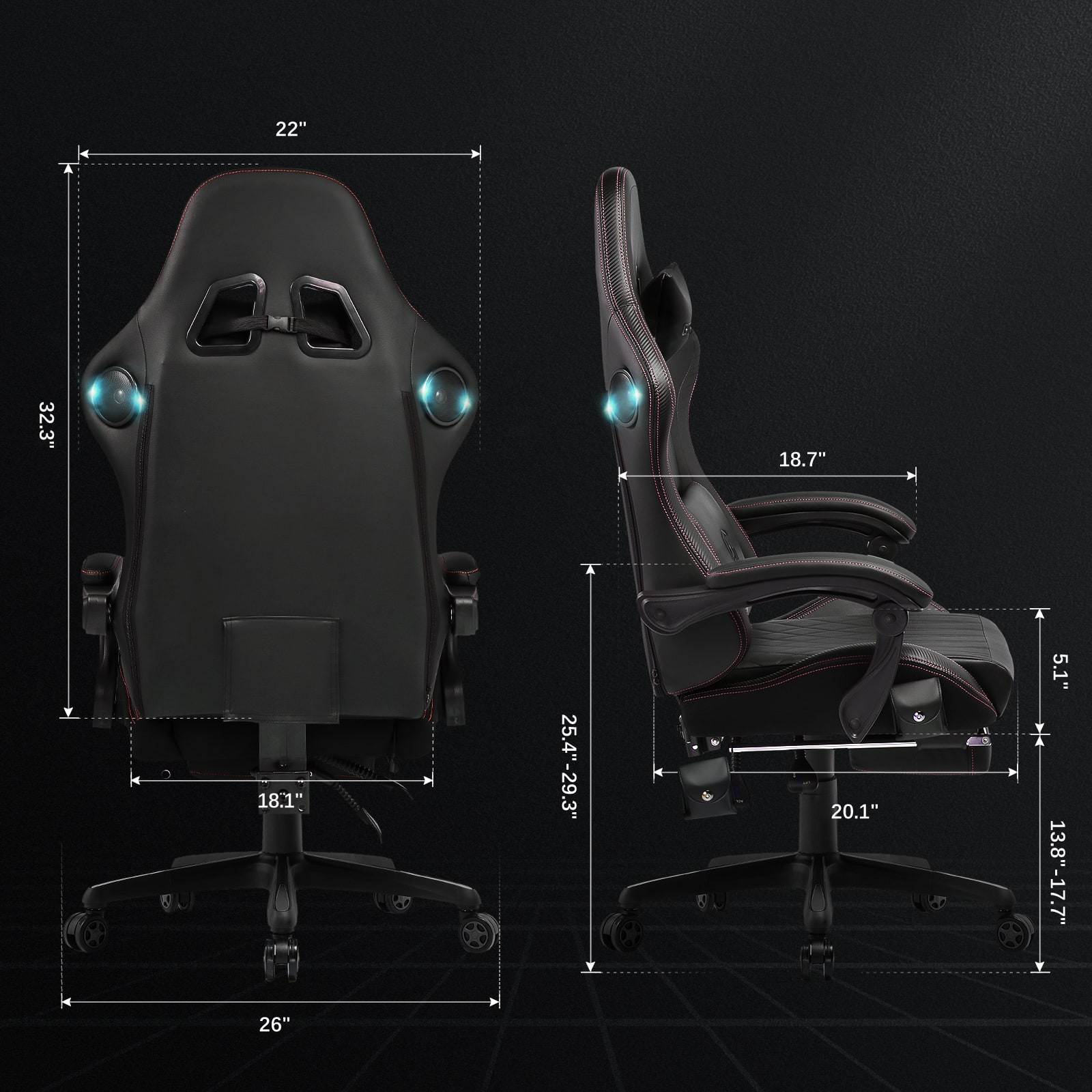 The image shows a chair with a black seat and a black backrest. The chair is displayed in two different positions, one with the seat up and the other with the seat down. The measurements of the chair are provided, including the height of the seat, the height of the backrest, and the overall height of the chair. The measurements are as follows: 22" for the seat height, 32.3" for the backrest height, 18.7" for the overall height with the seat up, 18.1" for the overall height with the seat down, 25.4"-29.3" for the seat width, 20.1" for the backrest width, and 5.1" for the width of the chair.
