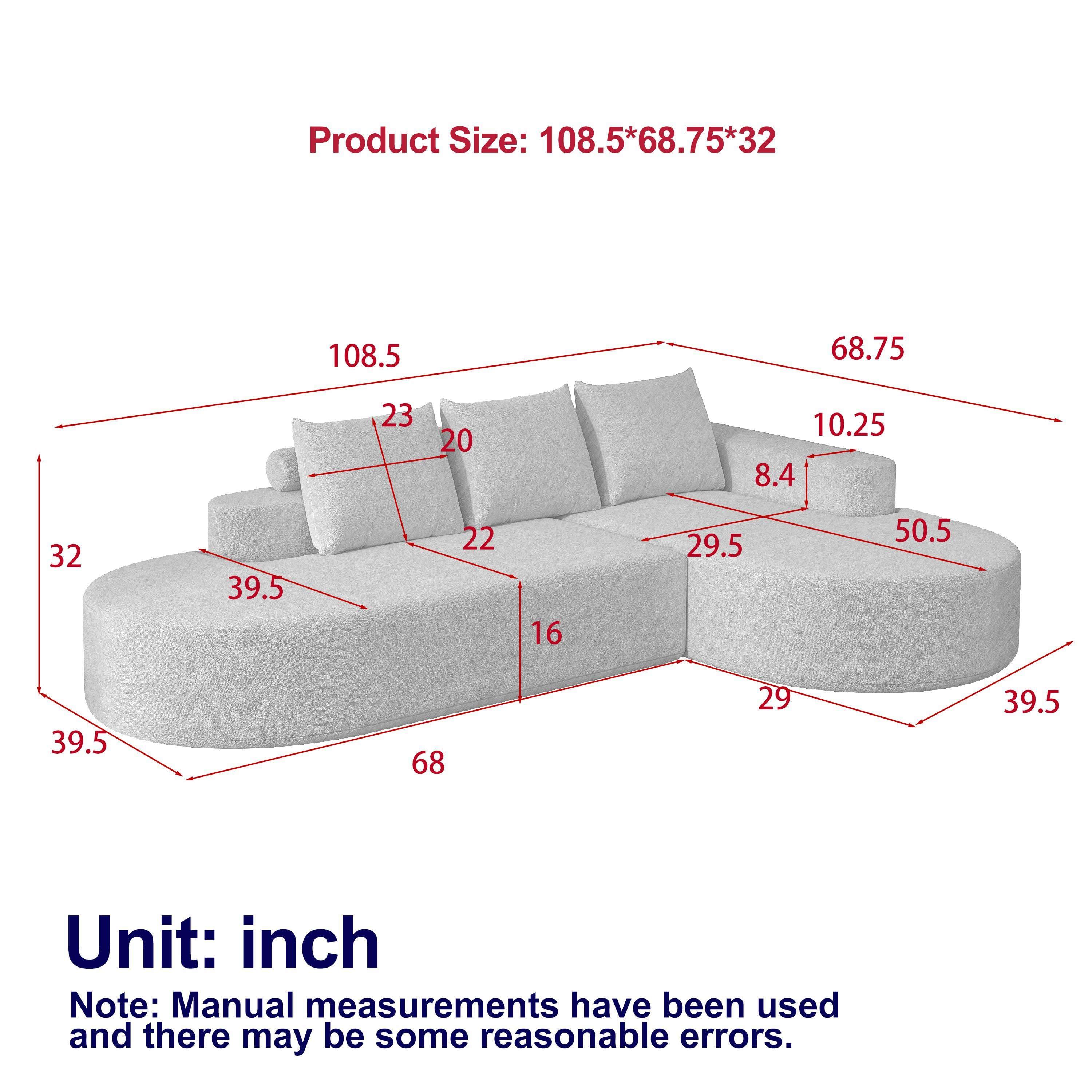 Roomtec - Modern Curved sofa Chenille Upholstered Sectional Sofa Couch SetModular 108.5 inch L Shaped Sectional Living Room Sofa - Gray