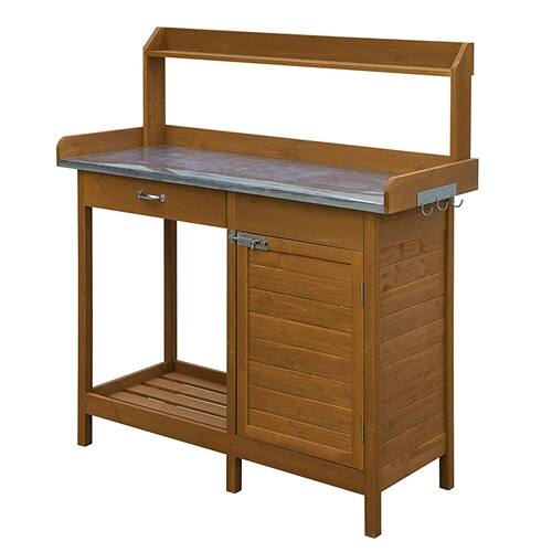 Front. SlickBlue - Home Garden Potting Bench with Metal Top and Built In Storage Cabinet - Red Cedar.
