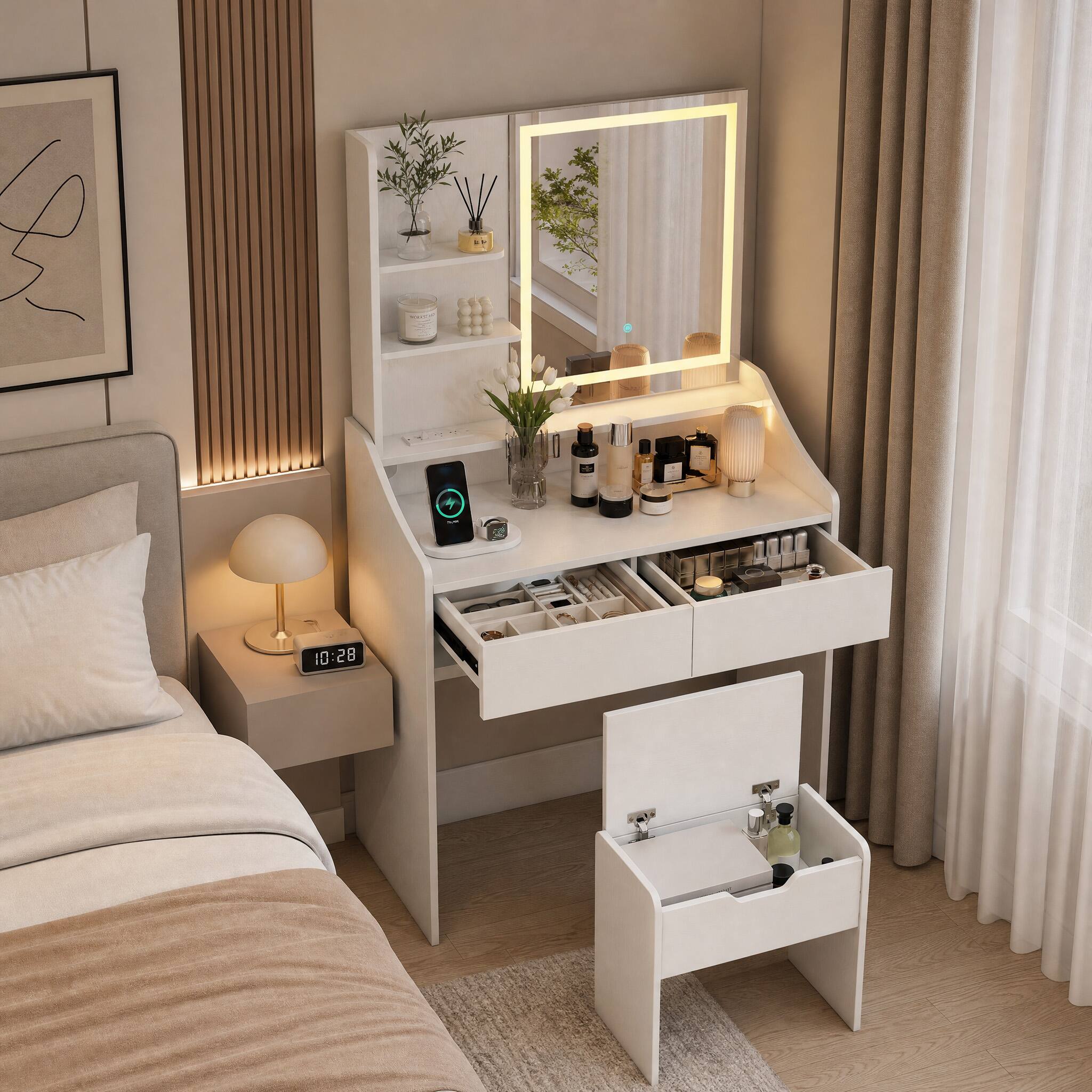 Angle. WELLFOR - Modern Makeup Vanity Desk with LED Lighted Mirror & Charging Station, Vanity Desk Set with Storage Stool & Drawers - White.