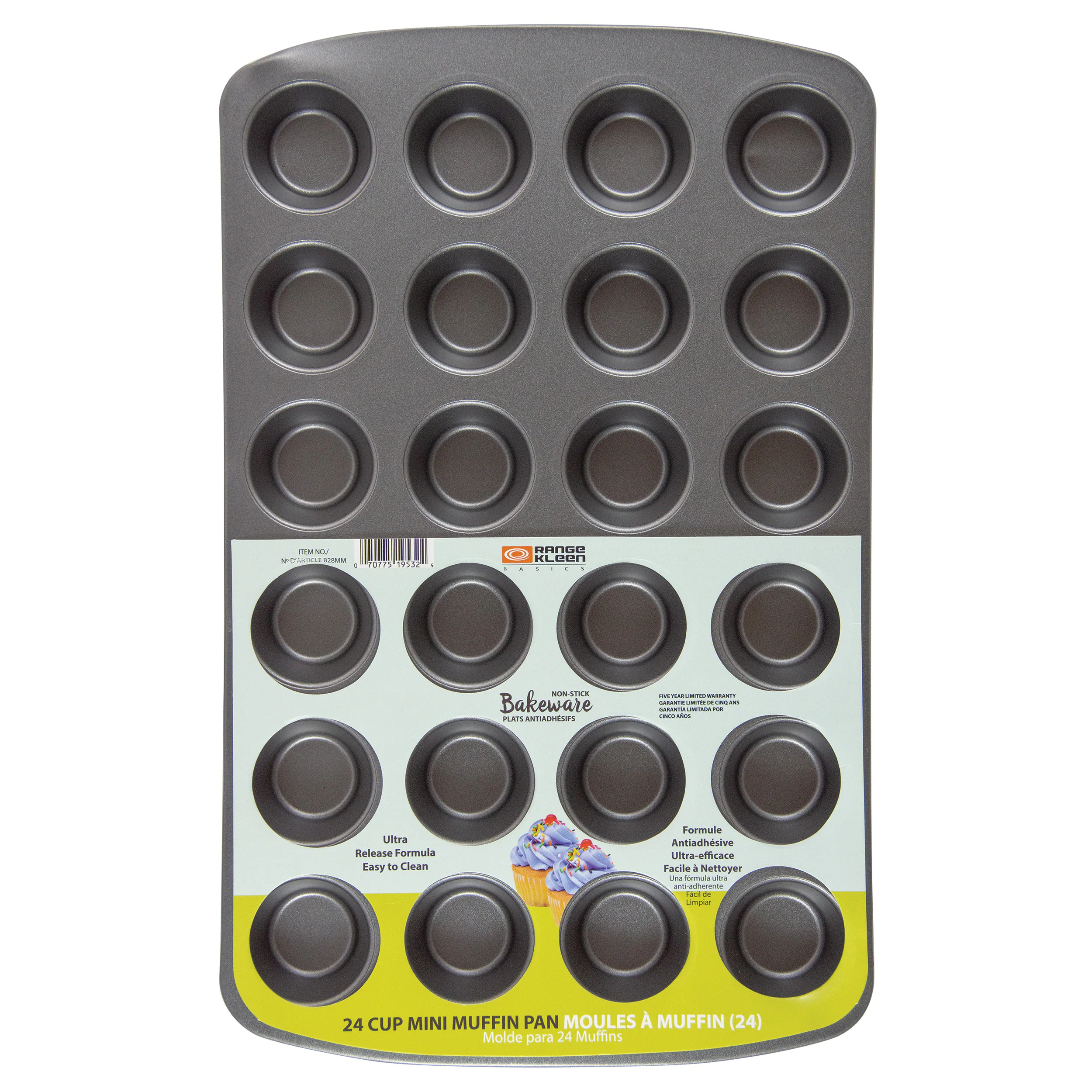 CEM N  L - - TORA 7-0 20000 KLOON - ONSTRE Bakeware .O. NTARSS :  : : - - - - - - - -  Ultra Release Formula Easy to Clean Formule Antiadhésive Ultra-efficace Facile à Nettoyer ua omula aes adennte Tas - Unpen 24 CUP MINI MUFFIN PAN MOULES A MUFFIN (24) Molde para 24 Muffins