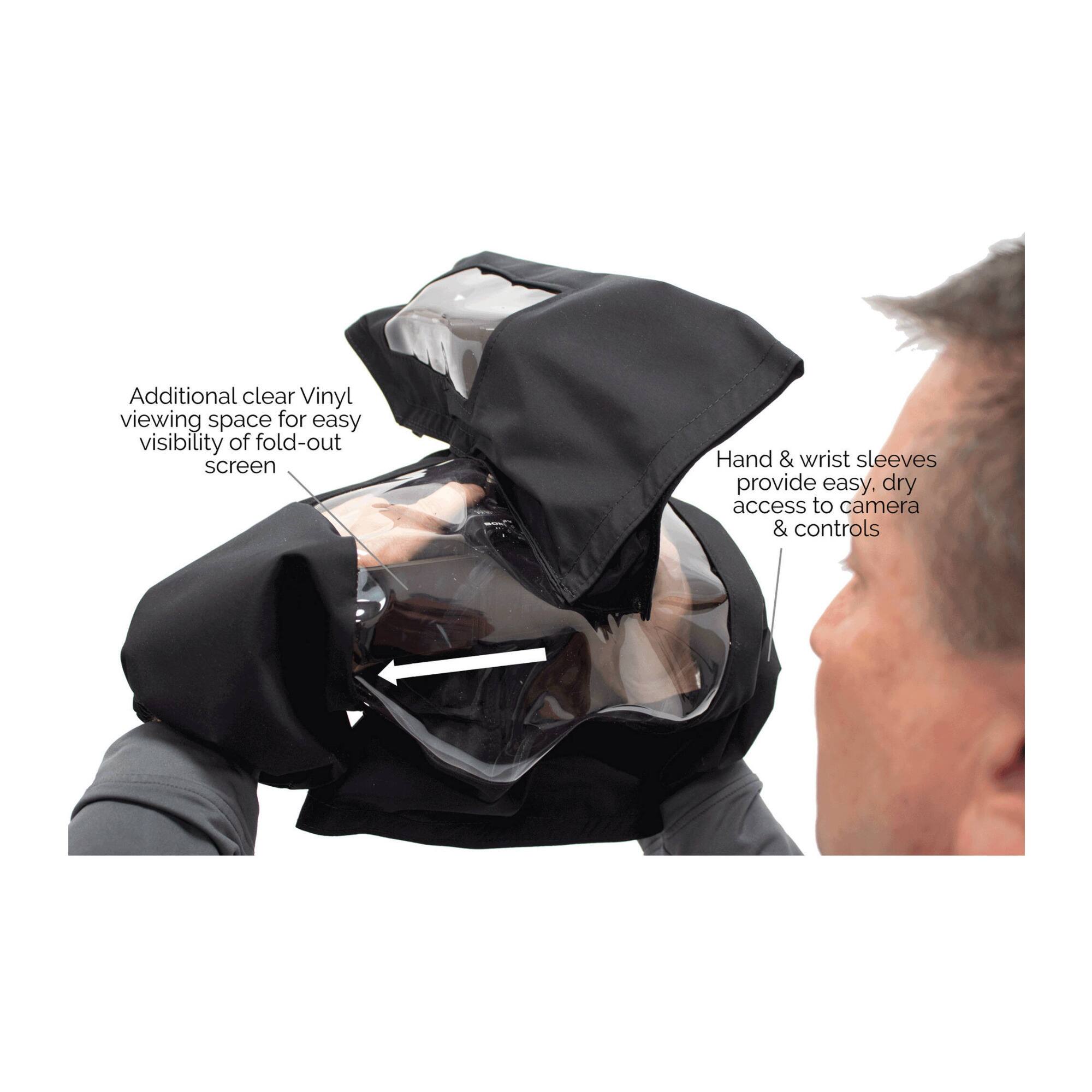 Additional clear Vinyl viewing space for easy visibility of fold-out screen

Hand & wrist sleeves provide easy, dry access to camera & controls