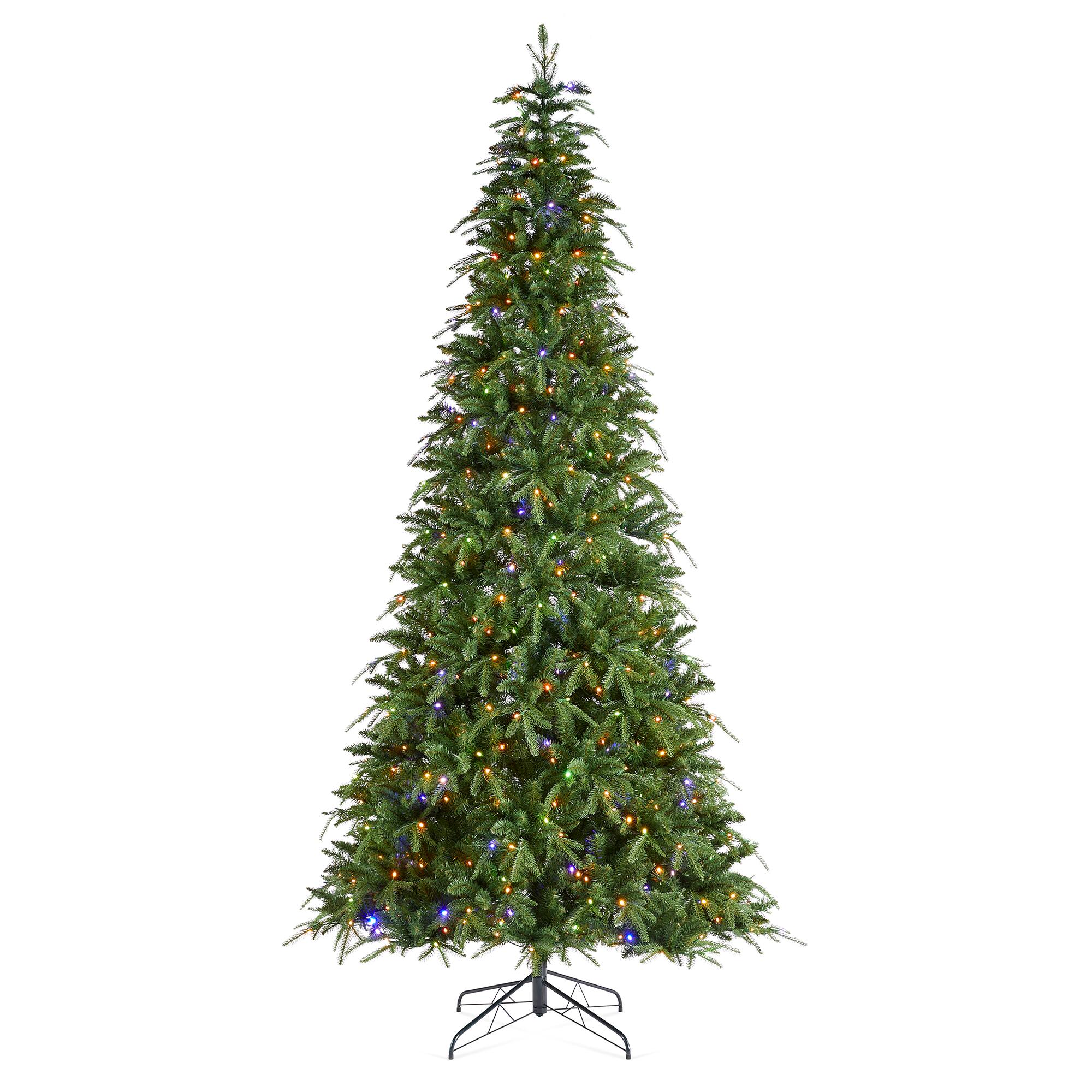 Angle. Glitzhome - 9ft Pre-Lit Green Slim Fir Artificial Christmas Tree with 650 Warm White/Multi-color LED Lights - Green.