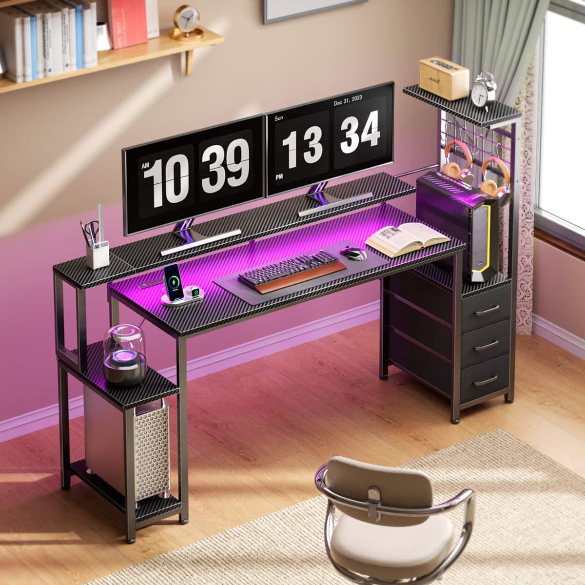 Furnulem - Gaming Computer Desk Workstation with Fabric Storage Drawers Monitor Stand and Reversible Setup for Home Office Bedroom - Black