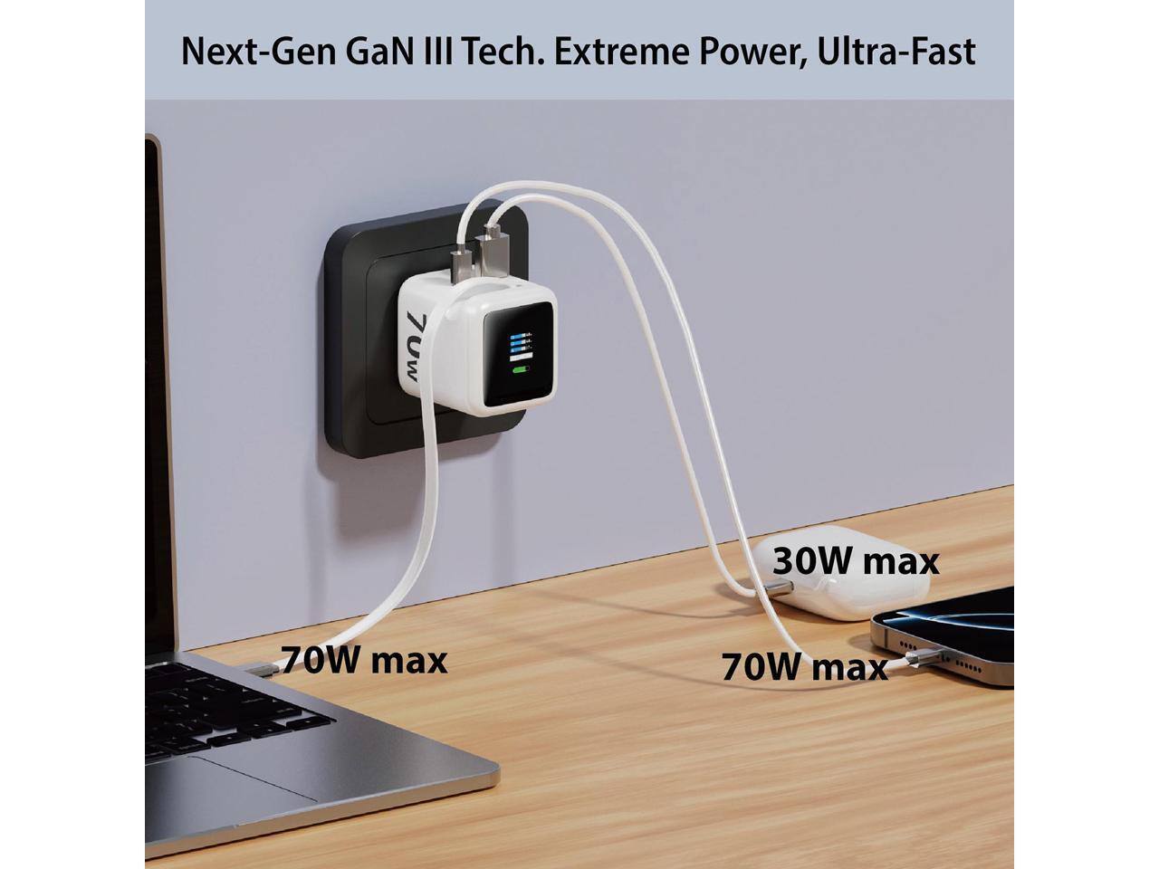Next-Gen GaN III Tech. Extreme Power, Ultra-Fast

70W max  
30W max  
70W max