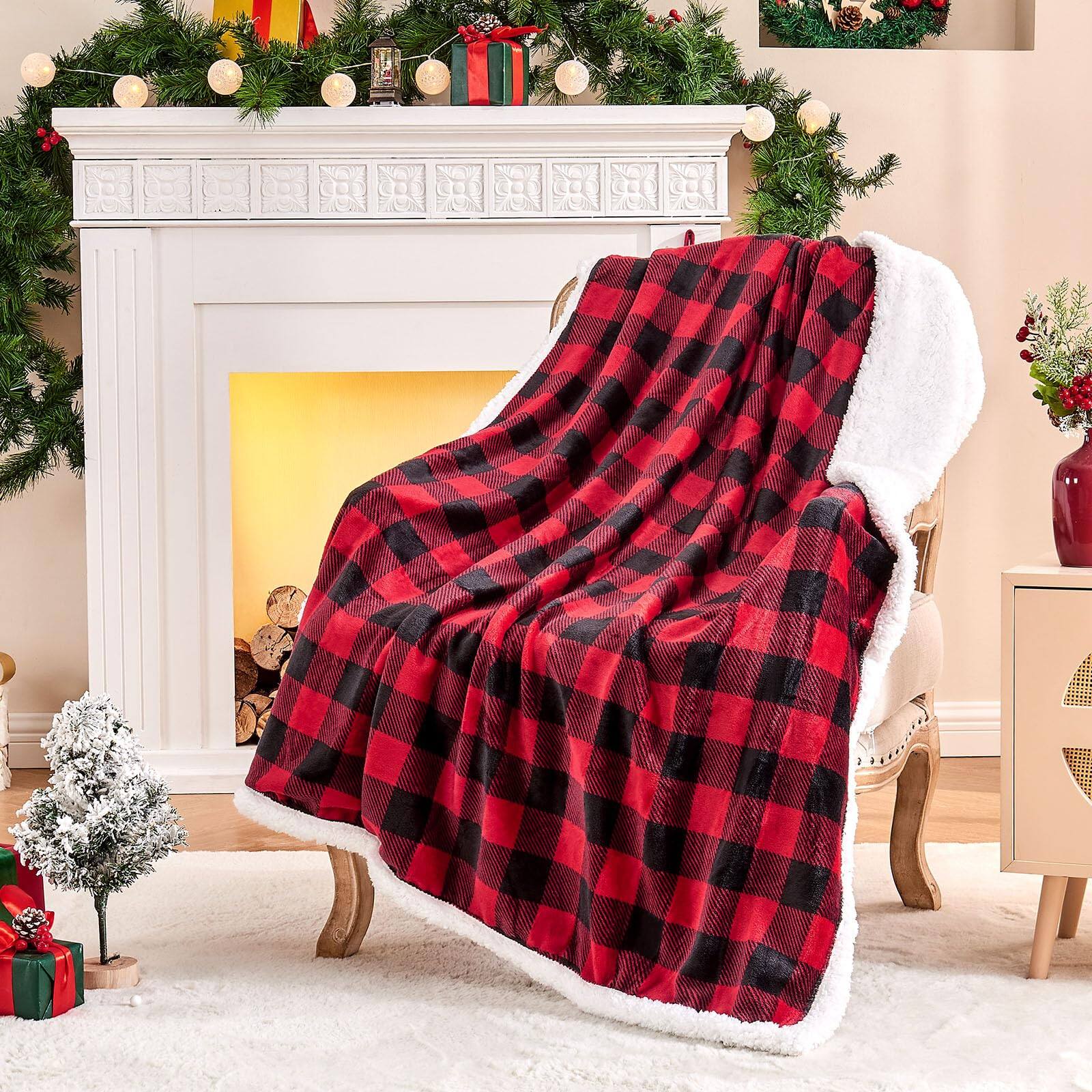 Front. NICHOLAS KLEIN - Plaid Fleece Throw Blanket For Couch & Checkered Flannel Cozy Soft Decor Women Men 50"x60" - Red Black Sherpa Throw(50"x60").