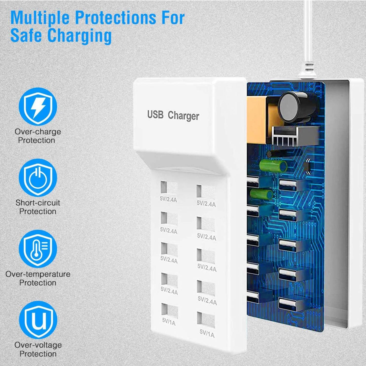 Multiple Protections For Safe Charging

- Over-charge Protection
- Short-circuit Protection
- Over-temperature Protection
- Over-voltage Protection

USB Charger

5V/2.4A  
5V/2.4A  
5V/2.4A  
5V/2.4A  
5V/2.4A  
5V/2.4A  
5V/1A  
5V/1A