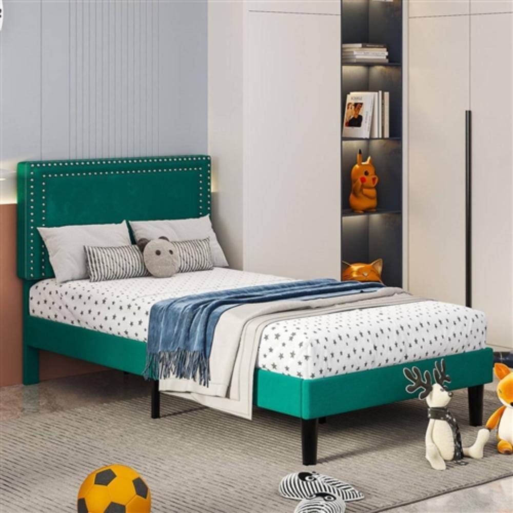 Alt View 1. Hivvago - Set of 2 - Twin size Dark Green Upholstered Platform Bed Frame with Headboard - Dark Green.