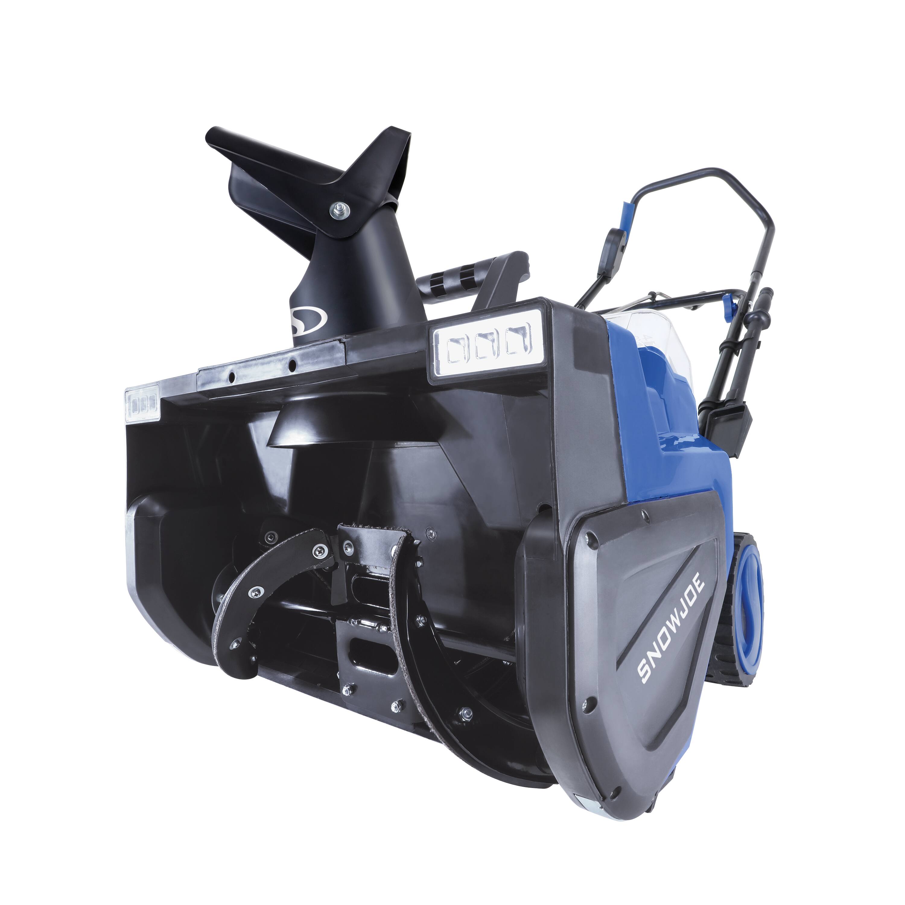 Angle. Snow Joe - 48V 1200W 22" Cordless Snow Blower w/ 2 x 8.0Ah Batteries and Dual Port Charger - Blue.