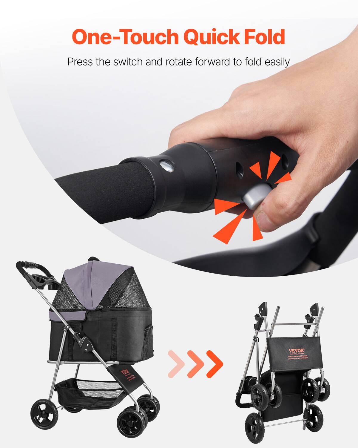 One-Touch Quick Fold  
Press the switch and rotate forward to fold easily