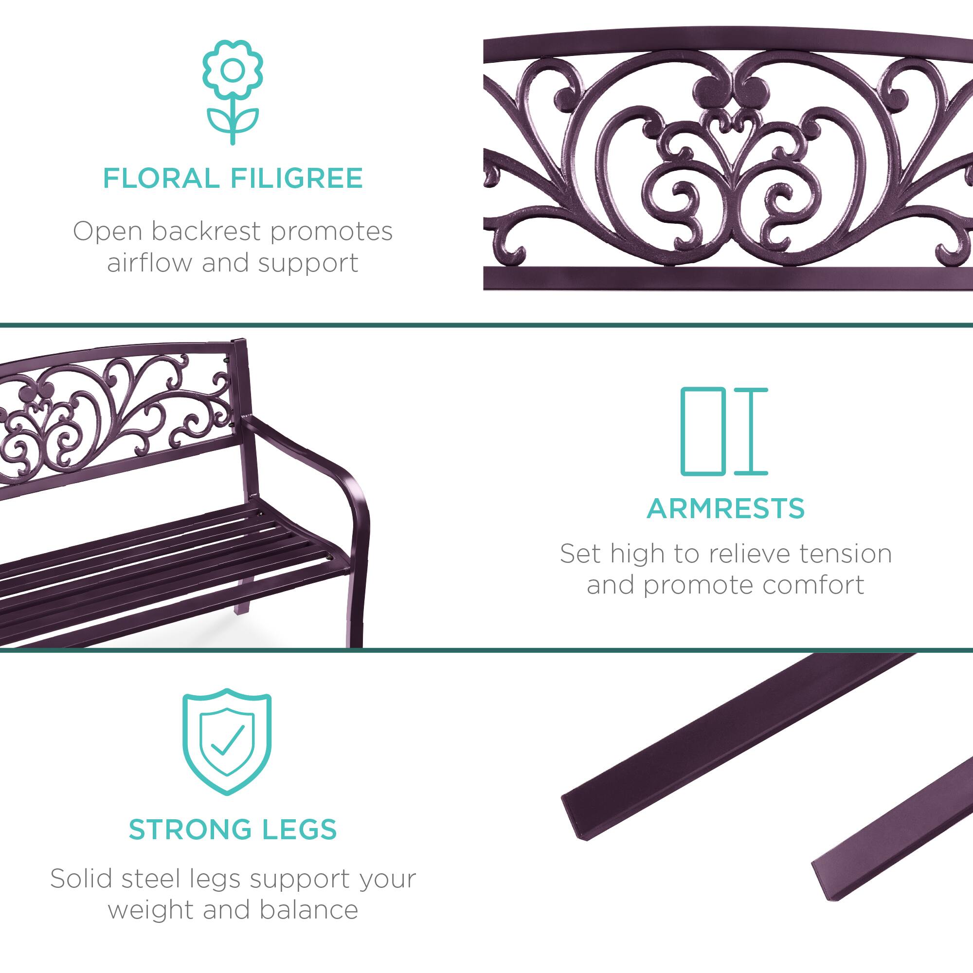 **FLORAL FILIGREE**  
Open backrest promotes airflow and support

**ARMRESTS**  
Set high to relieve tension and promote comfort

**STRONG LEGS**  
Solid steel legs support your weight and balance