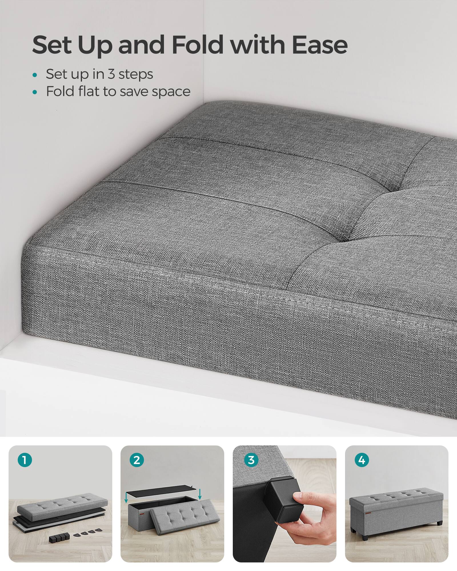 Set Up and Fold with Ease

- Set up in 3 steps
- Fold flat to save space

1. 2. 3. 4.