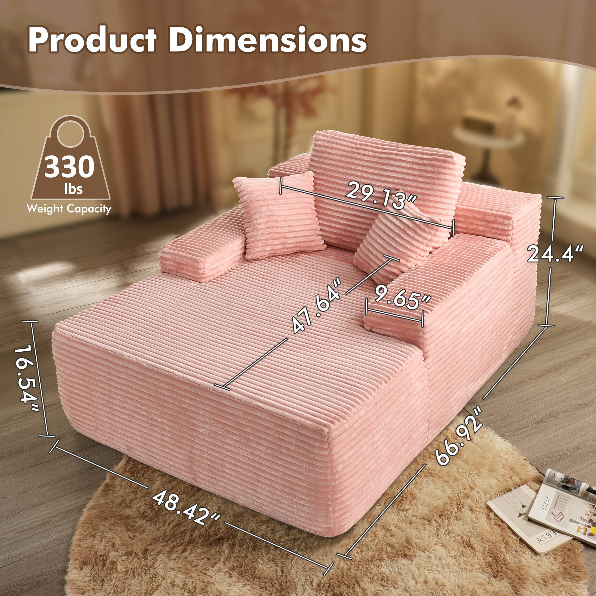 Product Dimensions

330 lbs Weight Capacity

- 48.42" (Width)
- 16.54" (Depth)
- 66.92" (Length)
- 29.13" (Height)
- 24.4" (Armrest Height)
- 47.64" (Seat Height)
- 9.65" (Back Height)