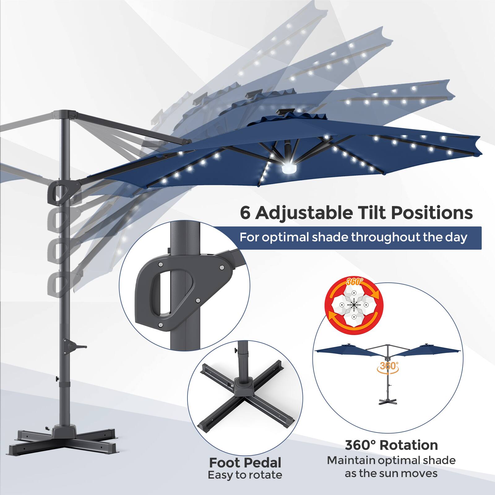 2009

6 Adjustable Tilt Positions
For optimal shade throughout the day

360° Rotation
Maintain optimal shade as the sun moves

Foot Pedal
Easy to rotate