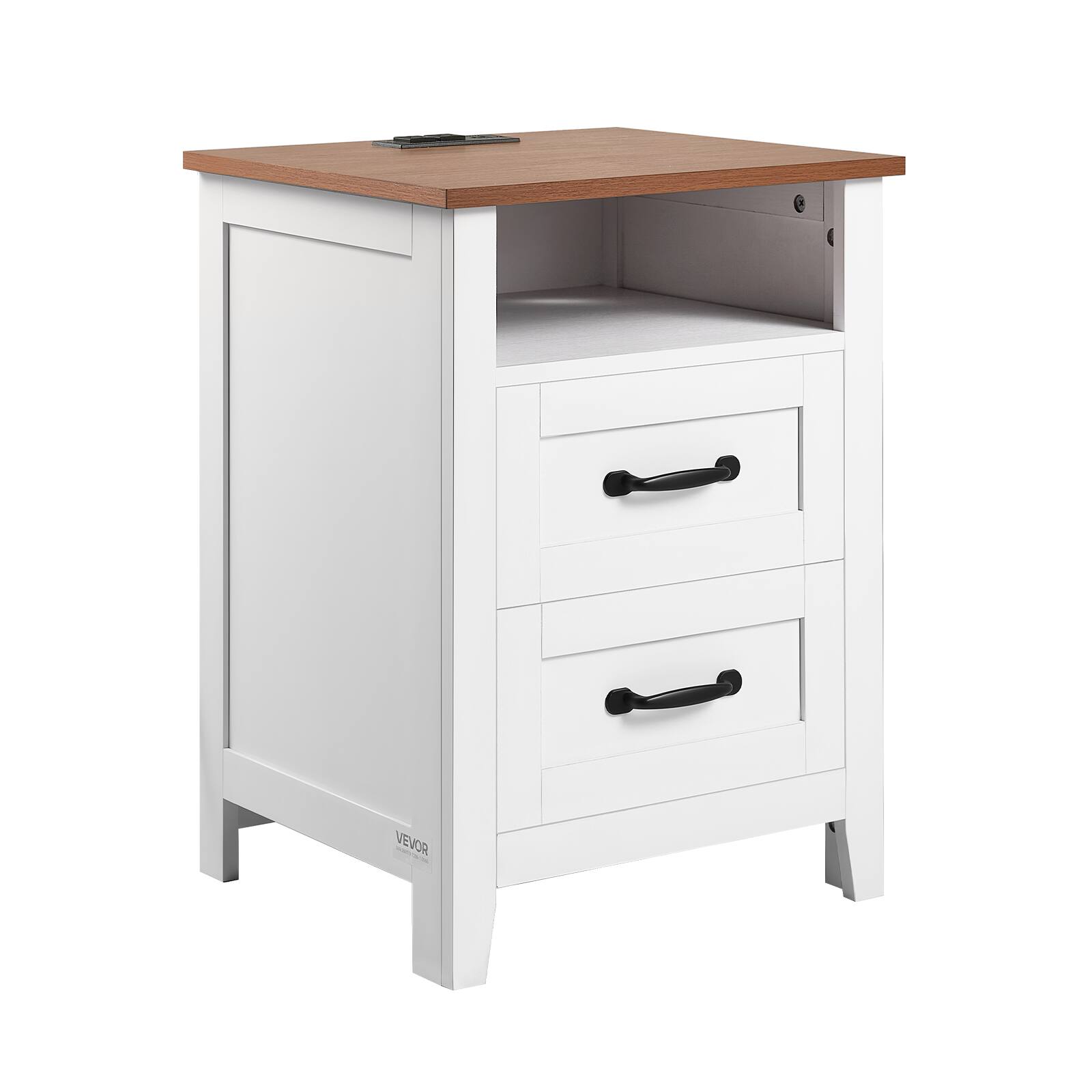 Alt View 5. VEVOR - Farmhouse Nightstand, with Charging Station, End Table with 2 Drawers and Open Shelf, Bedside Storage Cabinet - White.