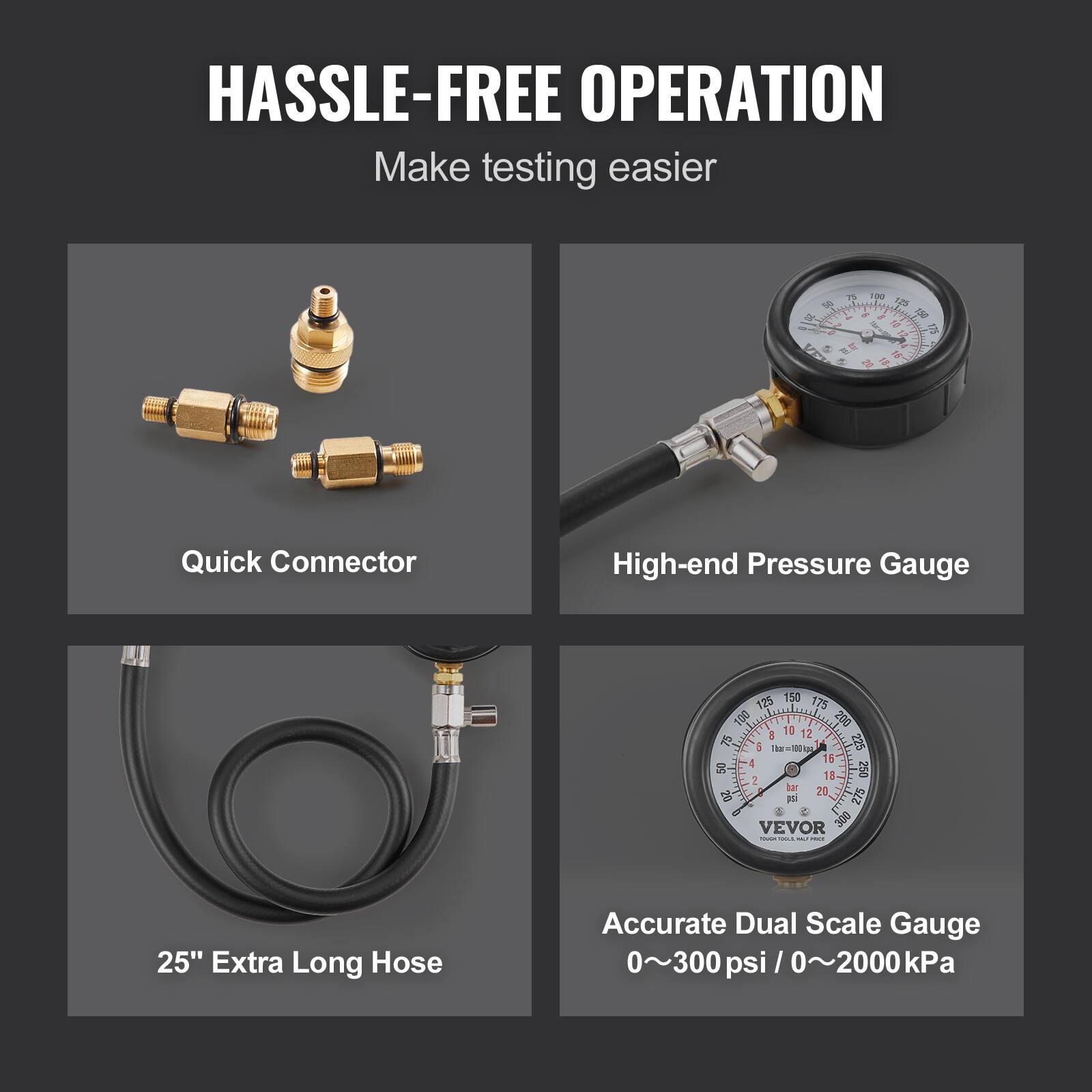 HASSLE-FREE OPERATION  
Make testing easier

Quick Connector

High-end Pressure Gauge

25" Extra Long Hose

Accurate Dual Scale Gauge  
0~300 psi / 0~2000 kPa