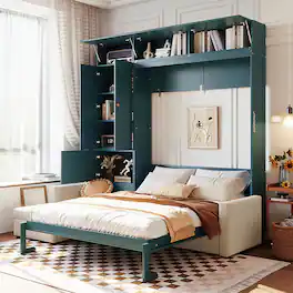 Anysun - Queen Size Murphy Bed Wall Bed with Sofa and Shelves,Green Panel - Beige