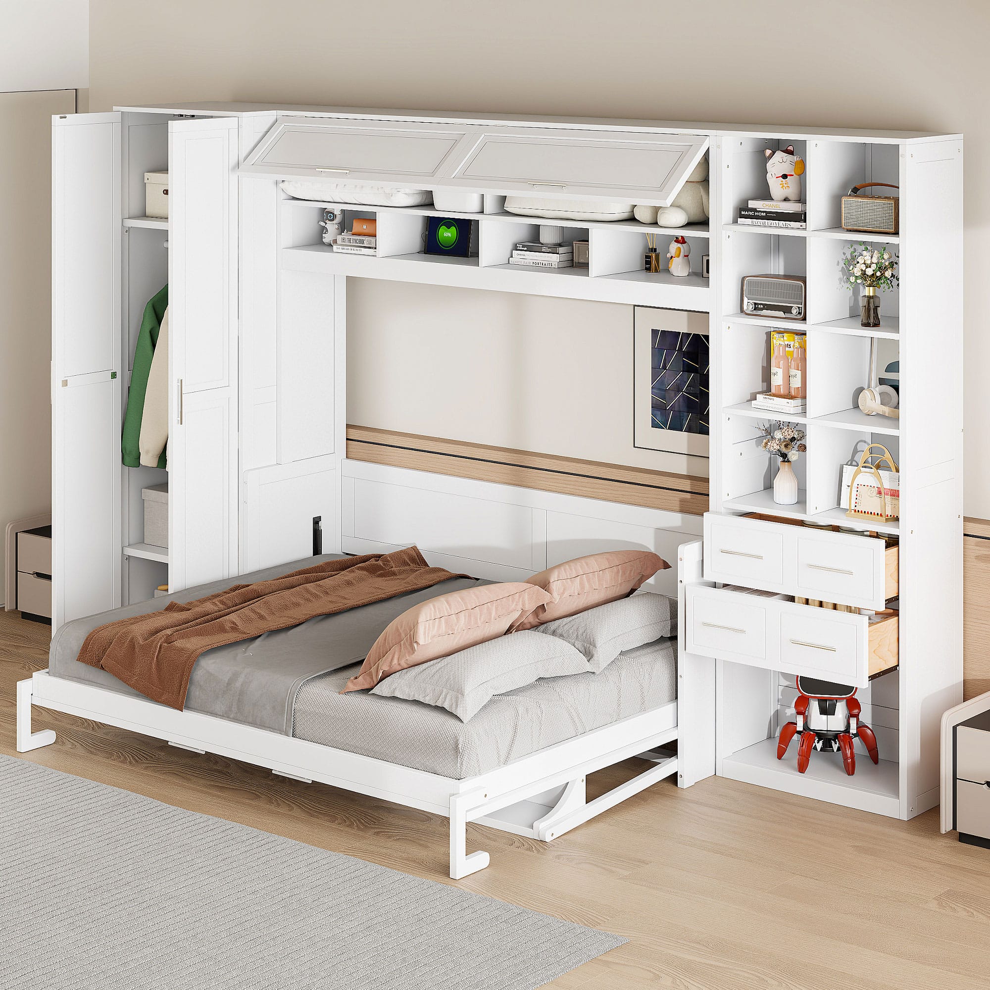 Anysun - Queen Size Murphy Bed Wall Bed with Closet , Drawers and Shelves - White