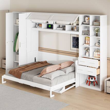 Front. Anysun - Queen Size Murphy Bed Wall Bed with Closet , Drawers and Shelves - White.