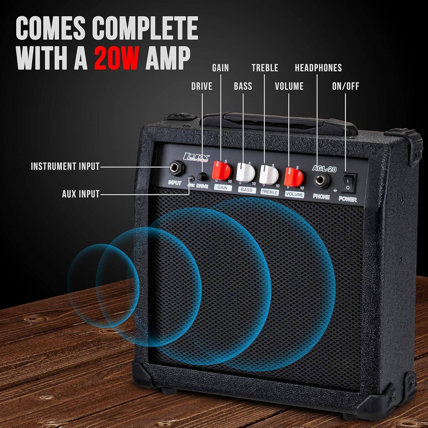 COMES COMPLETE WITH A 20W AMP

- GAIN
- TREBLE
- HEADPHONES
- BASS
- VOLUME
- ON/OFF
- INSTRUMENT INPUT
- AUX INPUT

AGL-20
