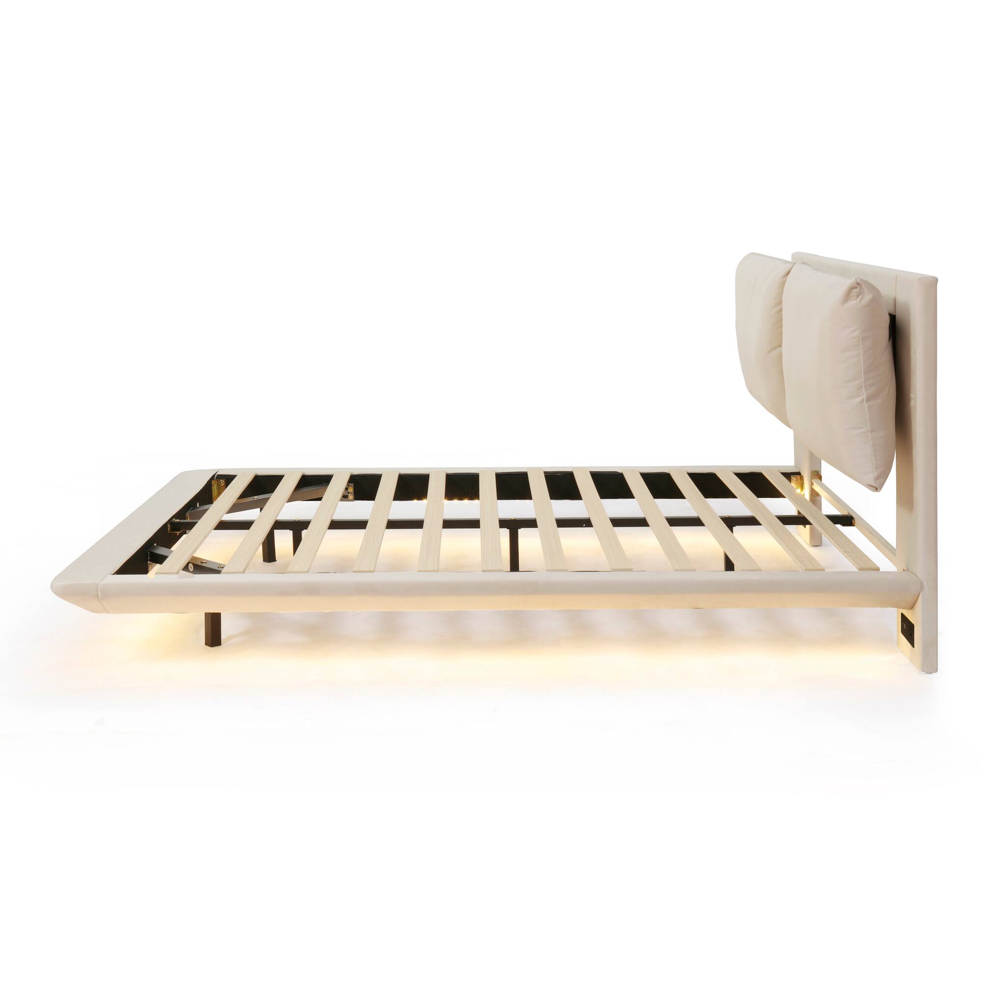 Alt View 4. Tiramisubest - Queen Size Upholstered Platform Bed with Sensor Light and 2 Large Backrests, 2 sets of USB Port and Socket - Beige.