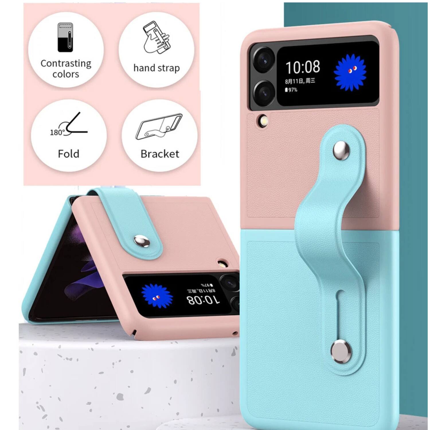 Contrasting colors  
Hand strap  
180° Fold  
Bracket  

10:08  
8月11日, 周三  
97%  

80-01