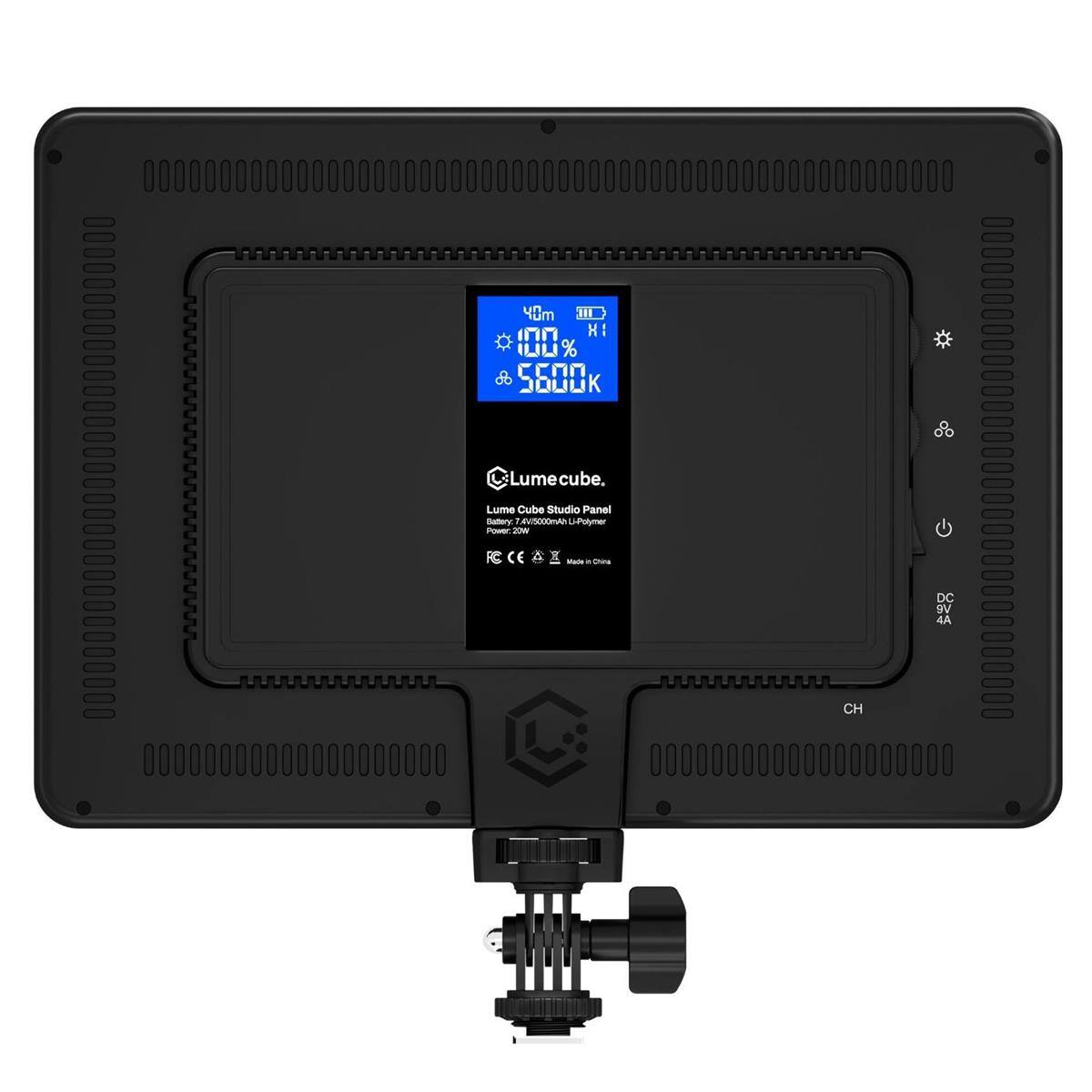 Lume Cube, Studio Panel  
Battery: 7.4V/5000mAh Li-Polymer  
Power: 20W  
CH 9V DC 4A