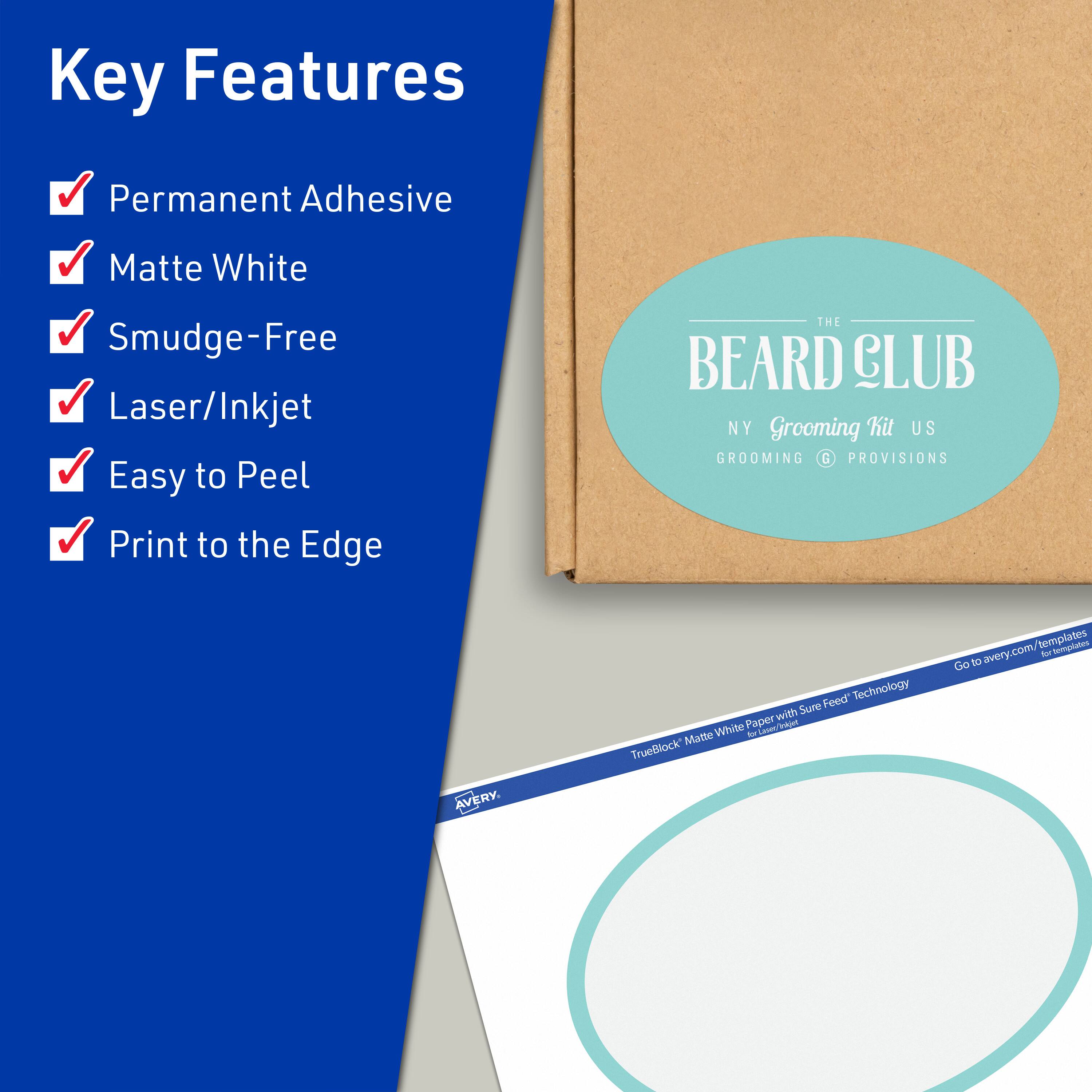 Key Features  
- Permanent Adhesive  
- Matte White  
- Smudge-Free  
- Laser/Inkjet  
- Easy to Peel  
- Print to the Edge  

THE BEARD CLUB  
NY Grooming Kit US  
GROOMING PROVISIONS  

TrueBlock Matte White Paper with Sure Feed Technology  

Go to avery.com/templates