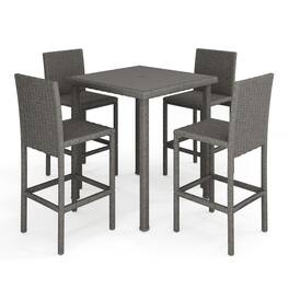 Martha Stewart - Bedford 5-Piece Outdoor Rattan Wicker Patio Set with 4 Bar Stools, Bar Height Table - Gray