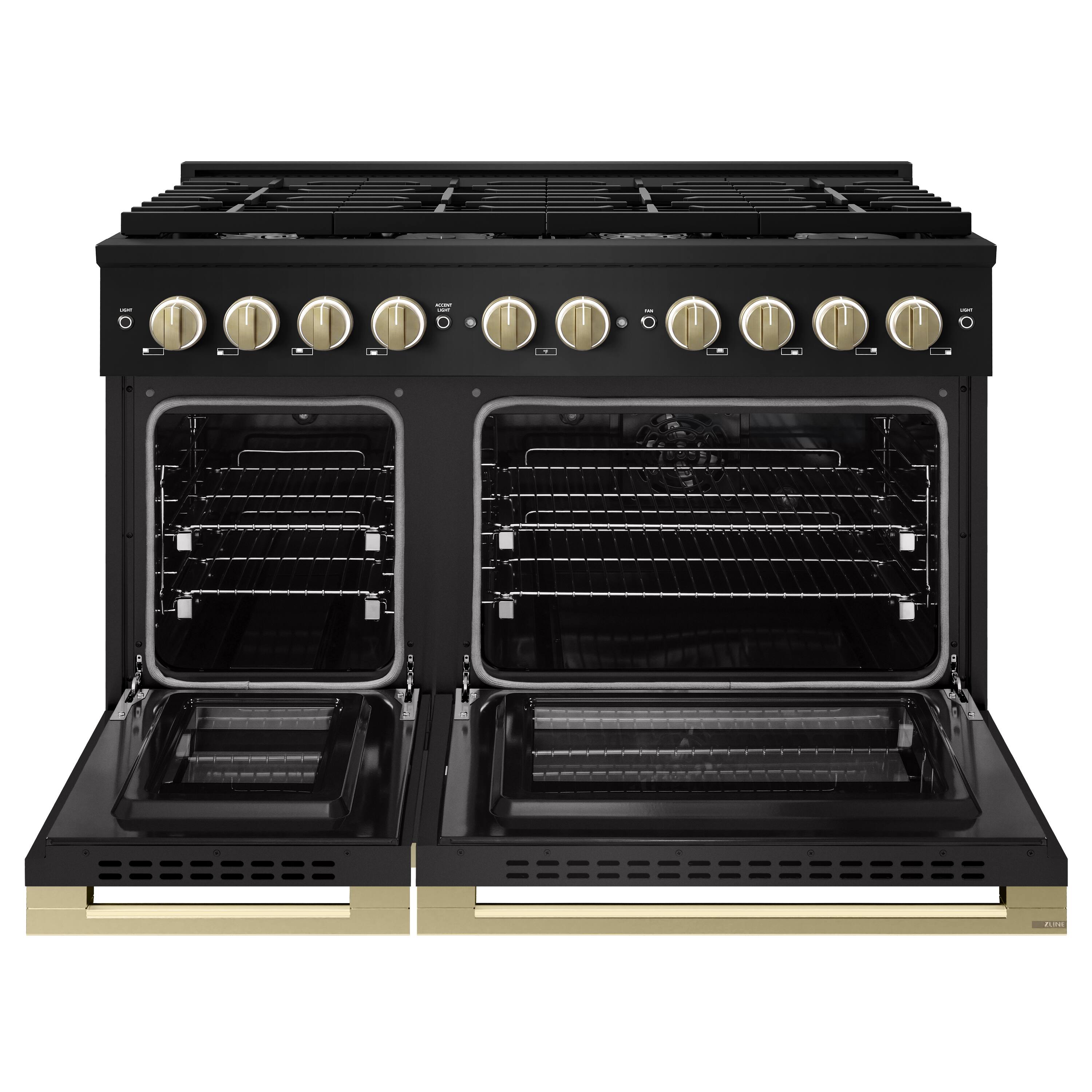 Angle. ZLINE - Autograph 48 in. 6.7 cu. ft. Marino Dual Fuel Freestanding Range with 8 Gas Burners in Black Steel with Bronze Accents - Black Stainless Steel.