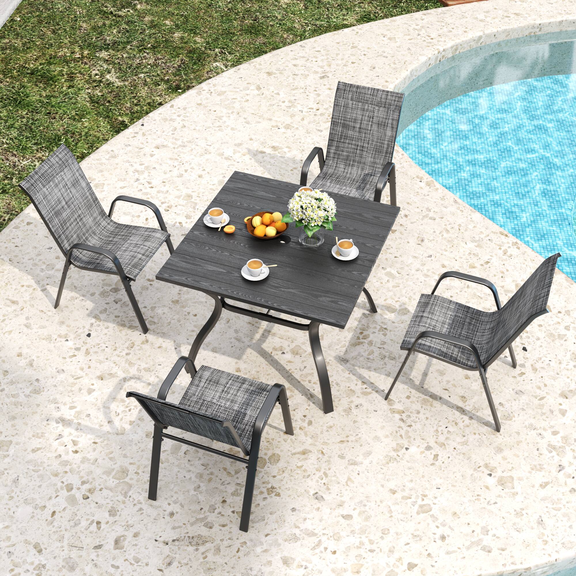 Back. Mondawe - 4-Piece Outdoor Dining Chairs Set, Teslin Fabric and Metal Frame - Blacky+Grey.