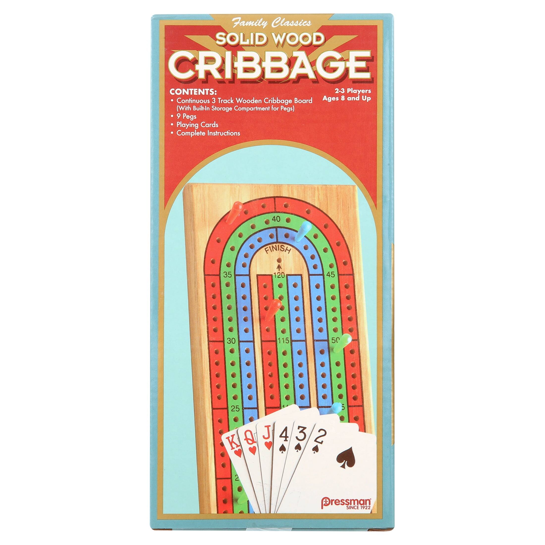 Family Classics SOLID WOOD CRIBBAGE  
CONTENTS:  
- Continuous 3 Track Wooden Cribbage Board (With Built-In Storage Compartment for Pegs)  
- 9 Pegs  
- Playing Cards  
- Complete Instructions  

2-3 Players  
Ages 8 and Up  

FINISH  
40 35 30 25 20 15 10 5 0 5 10 15 20 25 30 35 40 45 50 55 60 65 70 75 80 85 90 95 100 105 110 115 120  

KOJ432  

Q J 4 3 2 K  

Dressman  
SINCE 1923