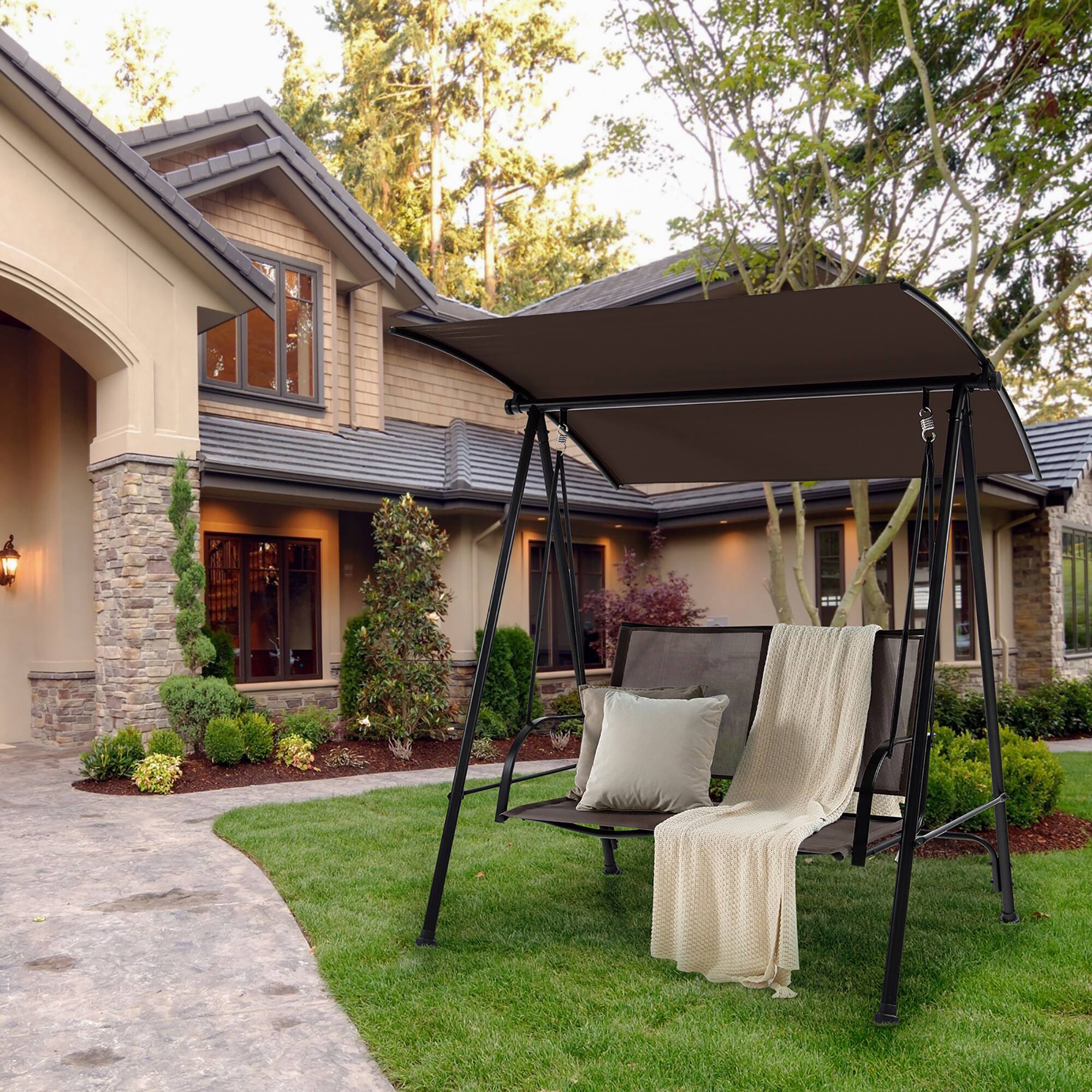 Alt View 1. Costway - Costway 2-Seat Patio Swing Porch Swing with Adjustable Canopy for Garden - Dark Brown.