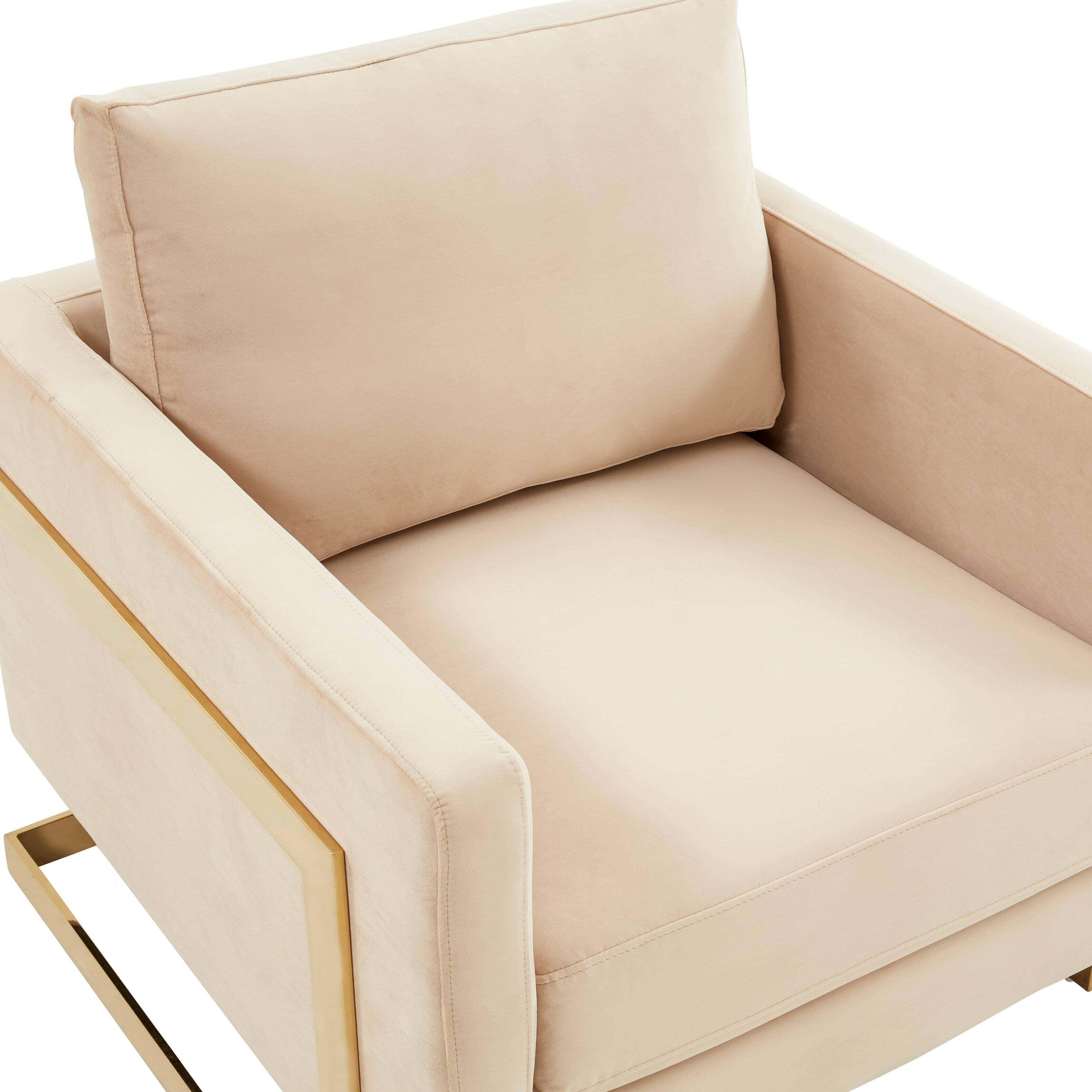 Alt View 2. LeisureMod - Lincold Modern Velvet Accent Chair, Gold Stainless Steel Sled Base Upholstered Armchair - Fully Assembled - Beige.