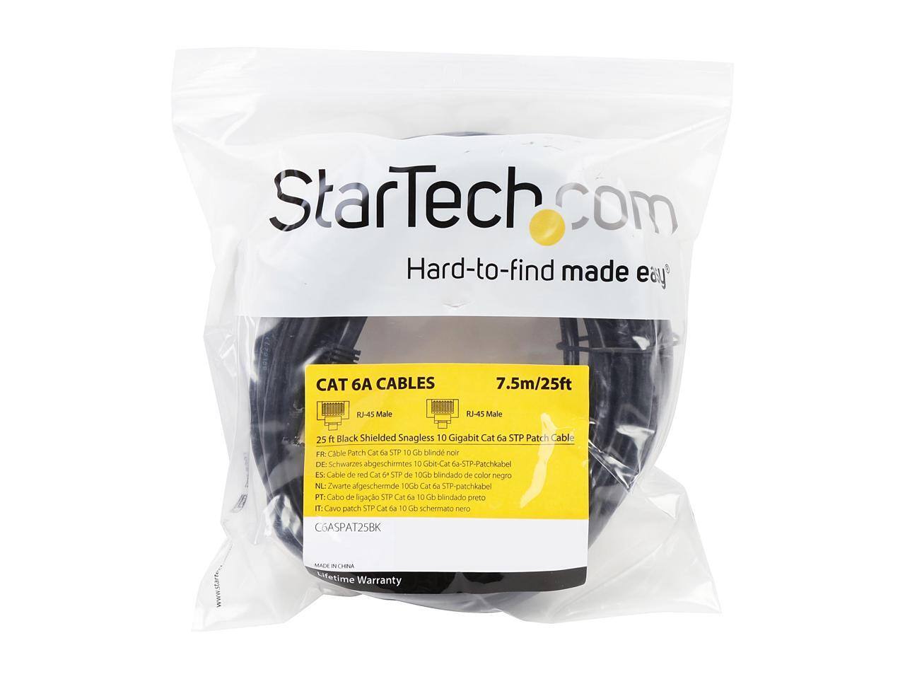 StarTech.com Hard-to-find made easy CAT 6A CABLES 7.5m/25ft RJ-45 Male RJ-45 Male 25 ft Black Shielded Snagless 10 Gigabit Cat STP Patch Cable

FR: Câble Patch Cat 6A STP 10 Gb noir  
DE: Schwarzes abgeschirmtes 10 Gbit-Cat 6a-STP-Patchkabel  
ES: Cable de red Cat 6A STP de 10Gb blindado de color negro  
NL: Zwarte afgeschermde 10Gb Cat 6a STP P-patchkabel  
PT: Cabo de ligação STP Cat 6A 10 Gb blindado preto  
IT: Cavo patch STP Cat 6A 10 Gb schermato

C6ASPAT25BK  
MADE IN CHINA  
Lifetime Warranty