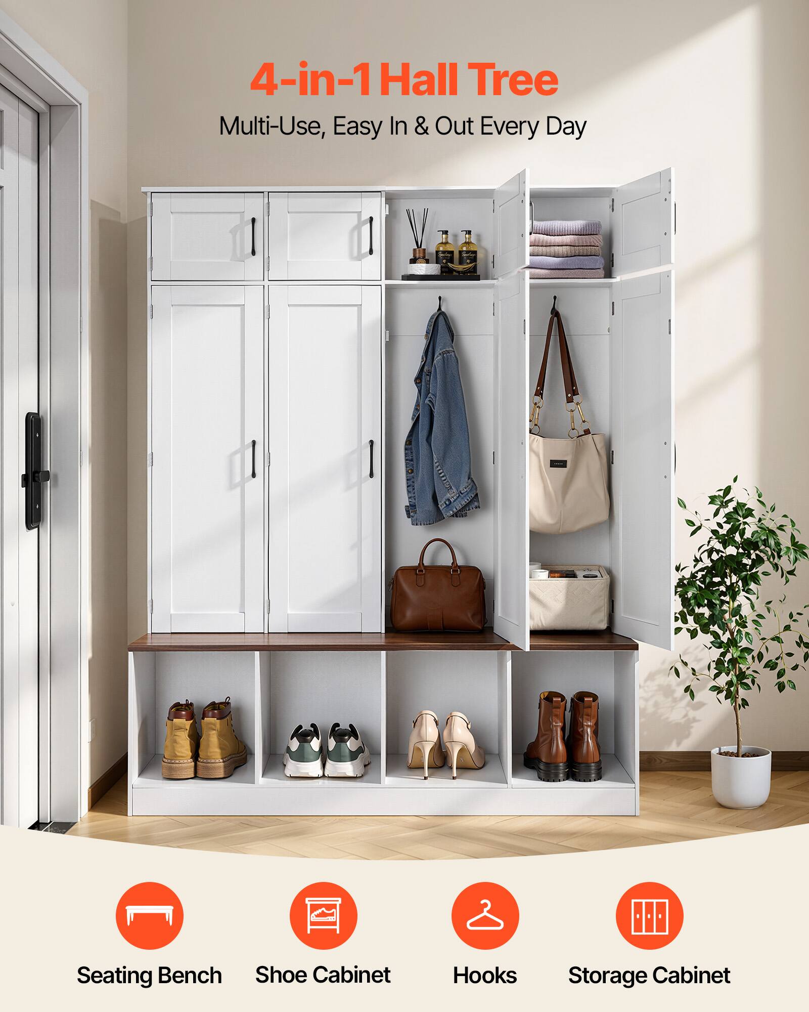 4-in-1 Hall Tree  
Multi-Use, Easy In & Out Every Day  

Seating Bench  
Shoe Cabinet  
Hooks  
Storage Cabinet