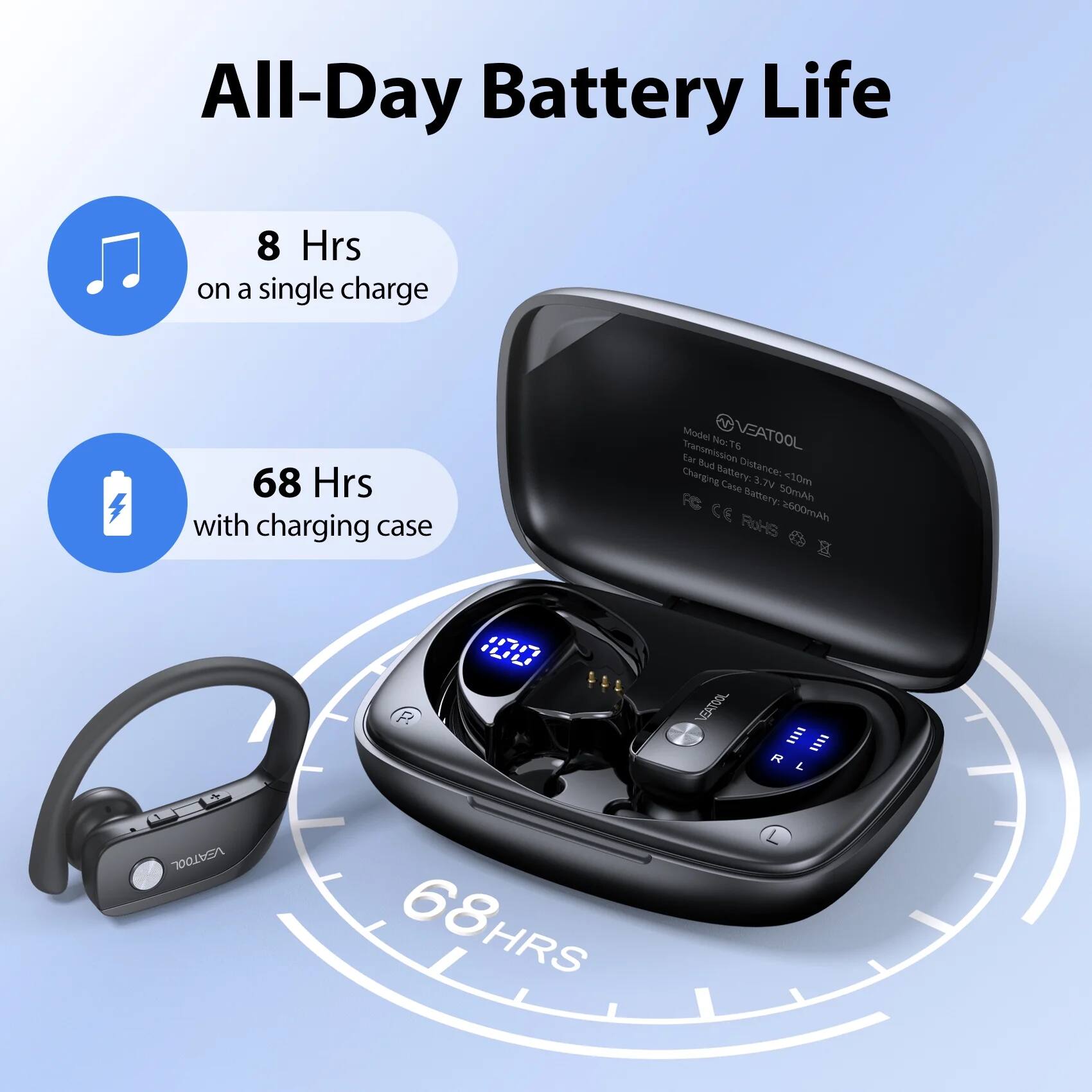 All-Day Battery Life  
8 Hrs on a single charge  
68 Hrs with charging case  

Model: VEATOOL  
Transmission: T6  
Ear Bud Charging  
Battery Distance: <ltm  
Case: 3.7V Battery 50mAh 600mAh  
RoHS  

VEATOOL  
68 HRS