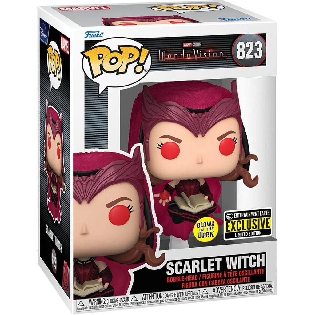 MRL TOO D sai Funko AE MARVEL STUDIOS Wanda Vision 823 I POP! ENTERTAINMENT EARTH GLOWS EXCLUSIVE IN THE DARK LIMITED EDITION SCARLET WITCH FIGURINE TTE OSCILANTE BOBBLE-HEAD I CON CABEZA OSCILANTE FIGURA PELIGRO DE ASFIXIA 'TOUFFEMENT. ADVERTENCIA: para nos menores de 36 meses DANGER D pequelas. No e5 adecuado HAZARD ATTENTION: B enfants de moins de 36 mois Partes WARNING: CHOKING Petites pieces. Ne convient pas chidren under 36 months Not sutable b Smal pat