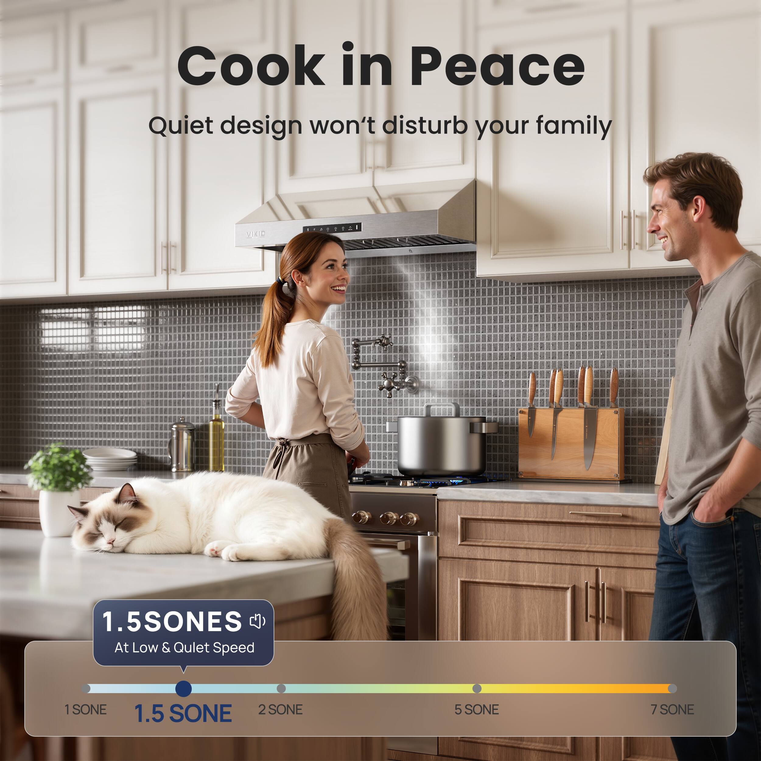 Cook in Peace  
Quiet design won't disturb your family  

1.5 SONES  
At Low & Quiet Speed  

1 SONE 1.5 SONE 2 SONE 5 SONE 7 SONE