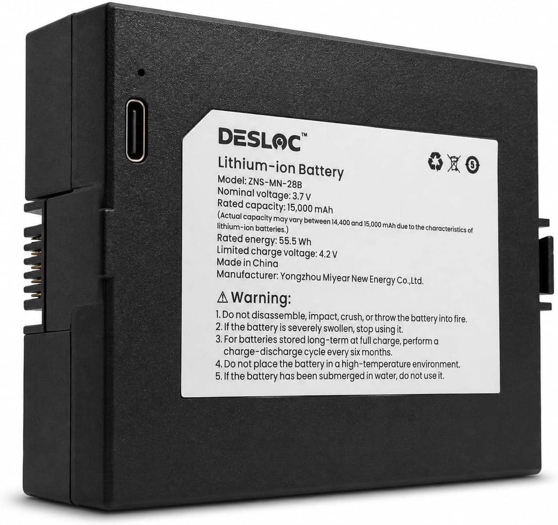 DESLAC Lithium-ion Battery 5  
Model: ZNS-MN-28B  
Nominal voltage: 3.7 V  
Rated capacity: 15,000 mAh (Actual capacity may vary between 14,400 and 15,000 mAh due to the characteristics of lithium-ion batteries.)  
Rated energy: 55.5 Wh  
Limited charge voltage: 4.2 V  
Made in China  
Manufacturer: Yongzhou Miyear New Energy Co., Ltd.  

Warning:  
1. Do not disassemble, impact, crush, or throw the battery into fire.  
2. If the battery is severely swollen, stop using it.  
3. For batteries stored long-term at full charge, perform a charge-discharge cycle every six months.  
4. Do not place the battery in a high-temperature environment.  
5. If the battery has been submerged in water, do not use it.