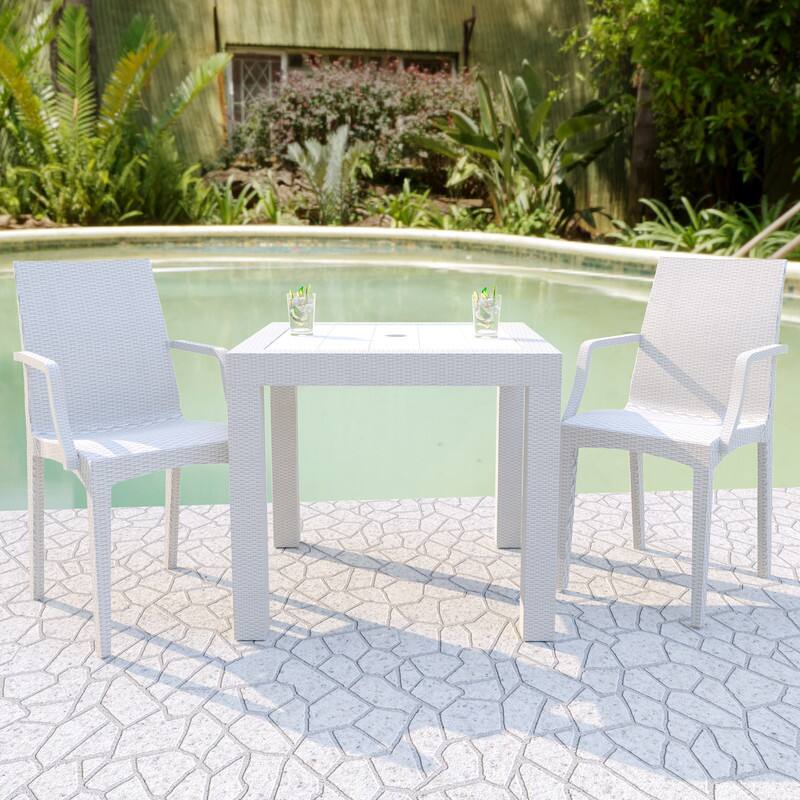 Left. LeisureMod - Mace 4-Pieces Modern Woven Pattern Dining Chairs - Waterproof Stackable Indoor Outdoor Patio Chairs - White.