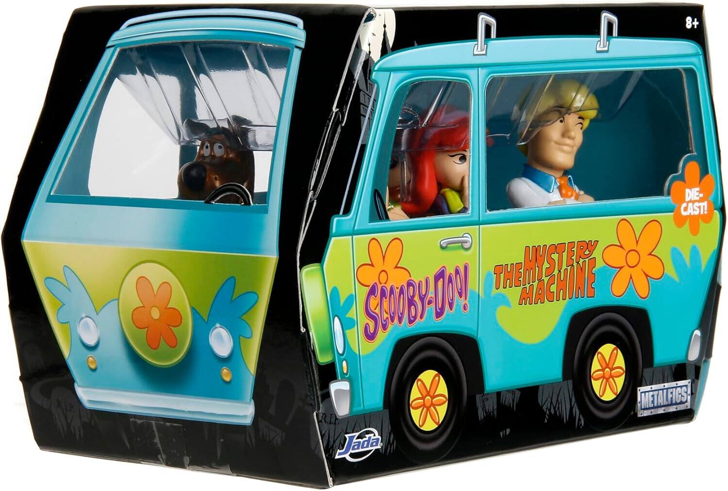 The text on the image is: "DIE-CAST! THE MYSTERY MACHINE SCOOBY-DO METALFIGS, R.I.P. Jada."