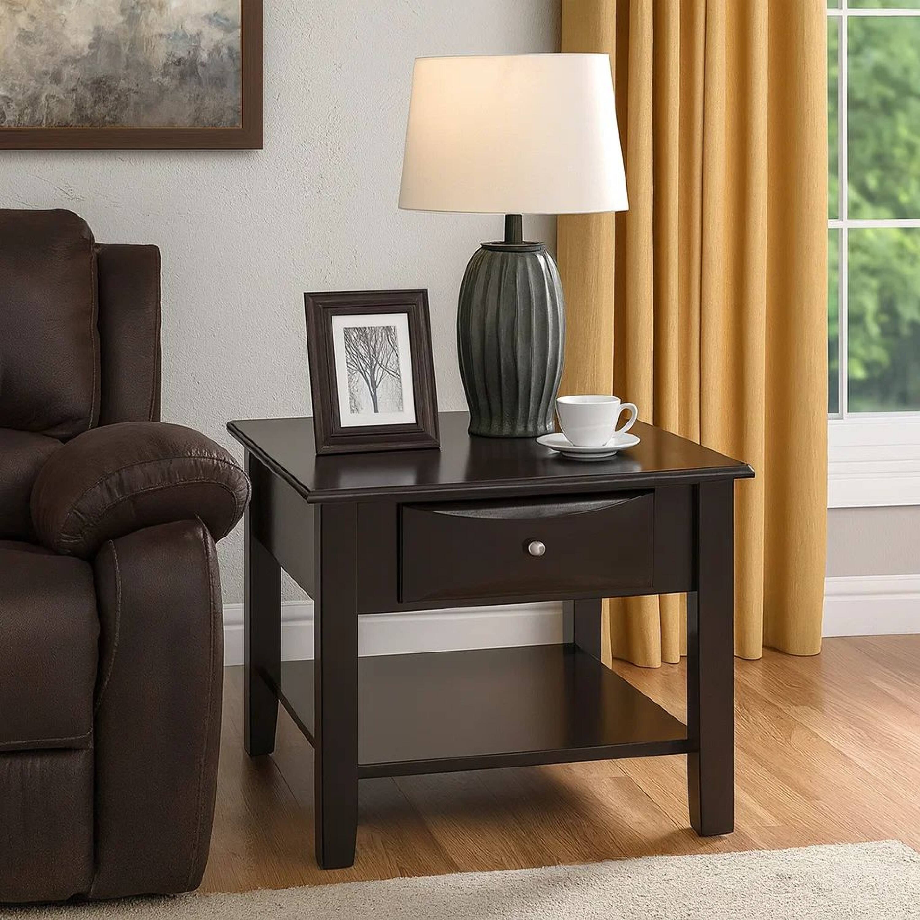 Alt View 2. Manhattan Lane - 24 Inch Classic Square End Table, Single Drawer, Bottom Shelf, Wood - Brown.
