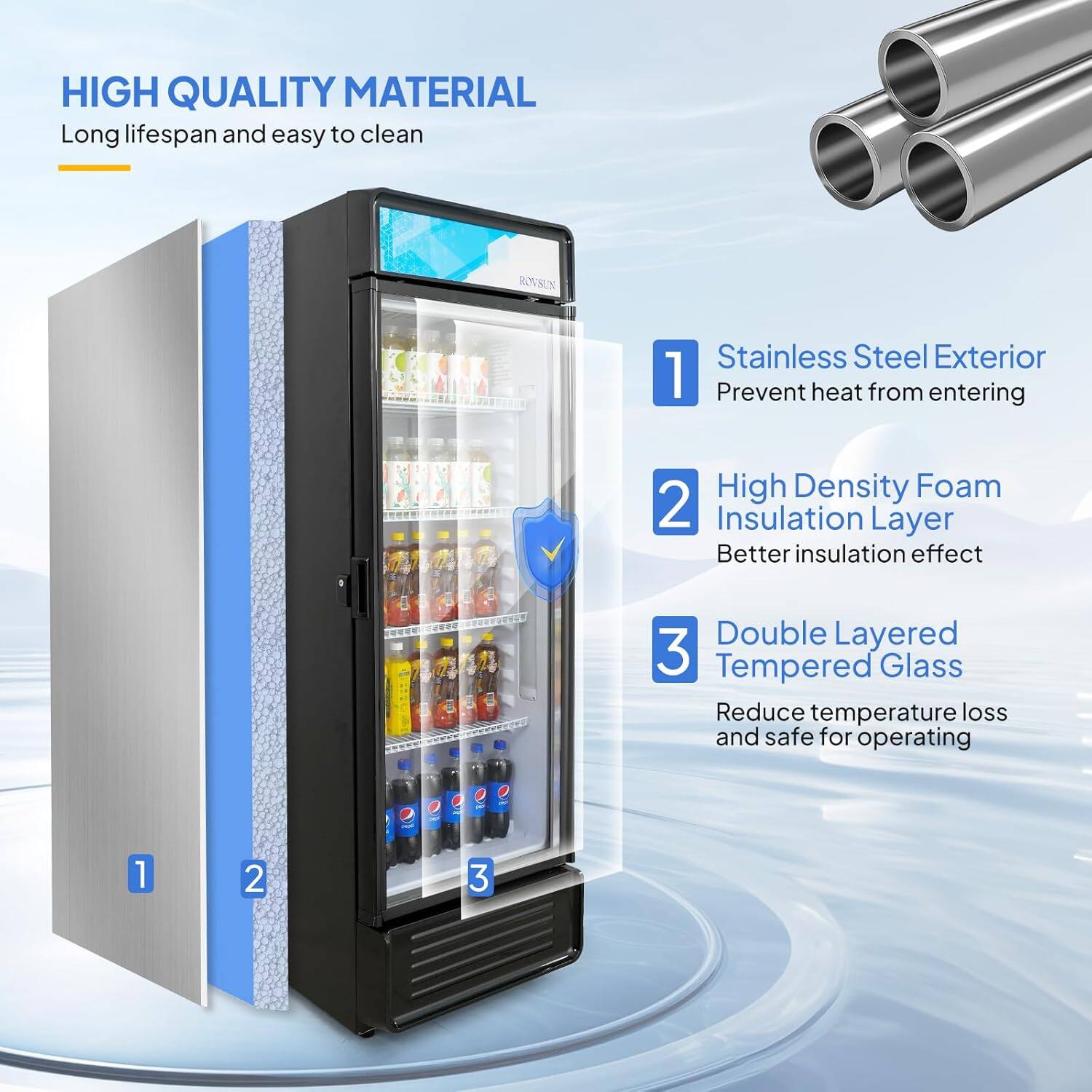 HIGH QUALITY MATERIAL  
Long lifespan and easy to clean  

1. Stainless Steel Exterior  
   Prevent heat from entering  

2. High Density Foam Insulation Layer  
   Better insulation effect  

3. Double Layered Tempered Glass  
   Reduce temperature loss and safe for operating