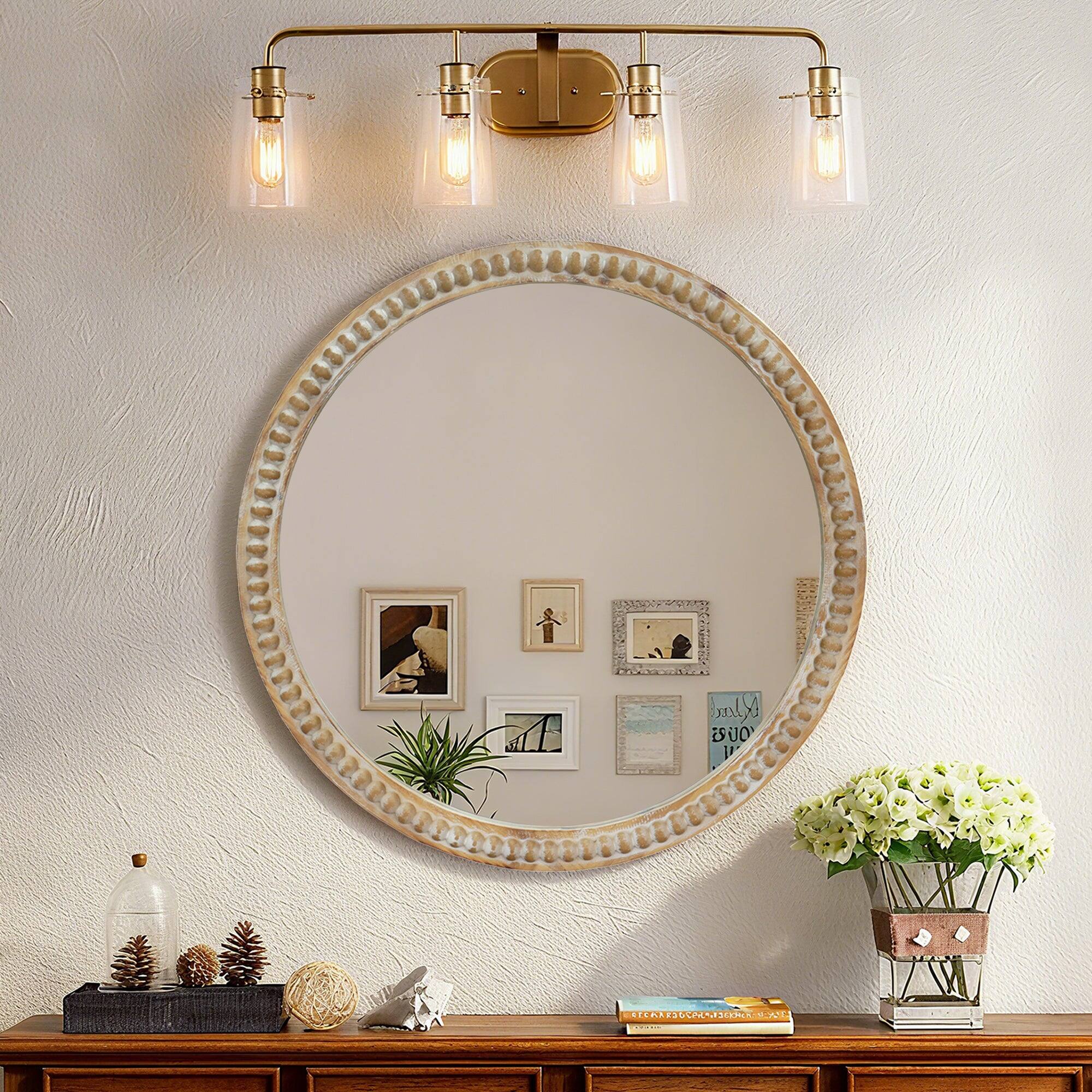 BreeBe - 23.62 in Round Decorative Wall Mirror Distressed Wood Beaded Frame for Entryway Living Room Bathroom Farmhouse Style - Natural Wood